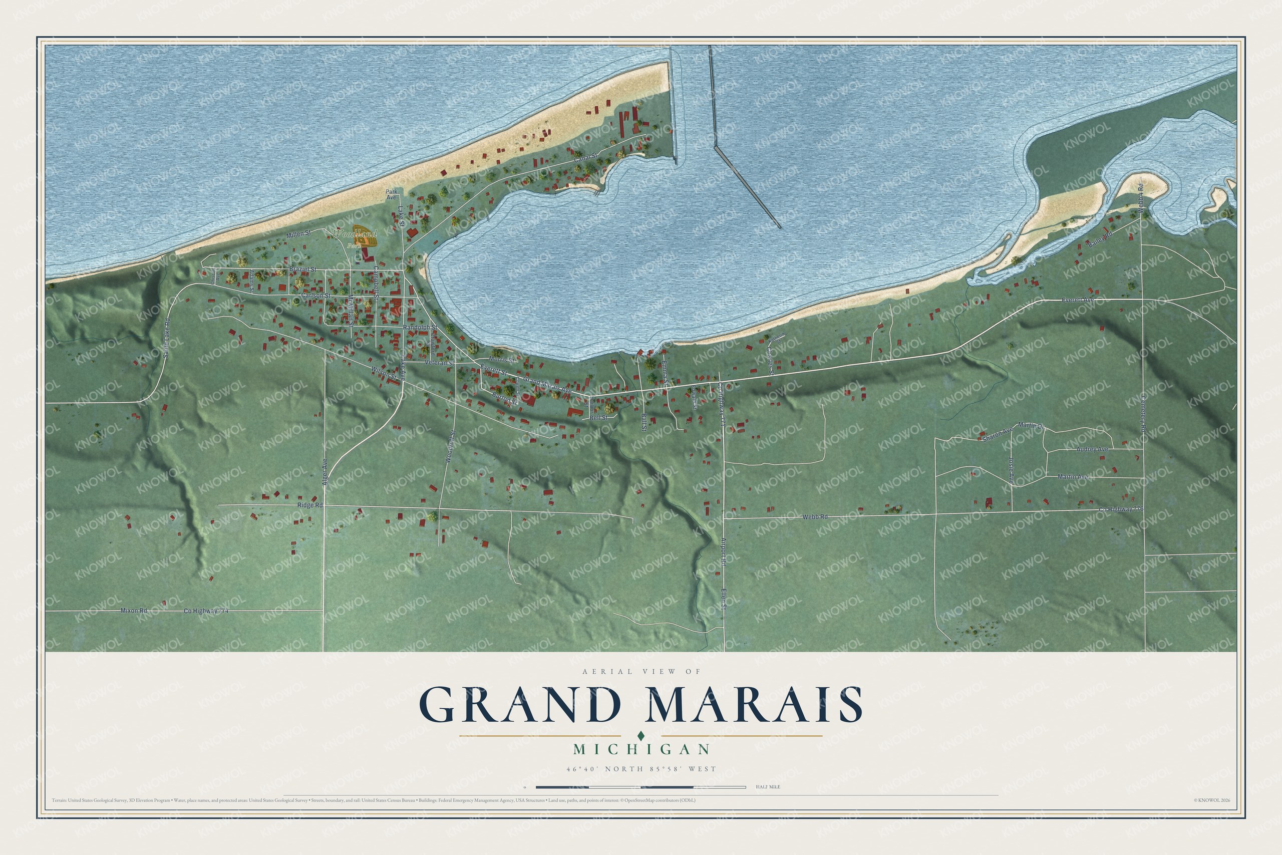 Full map of Grand Marais, Michigan, with red buildings, printed street names and the land around them