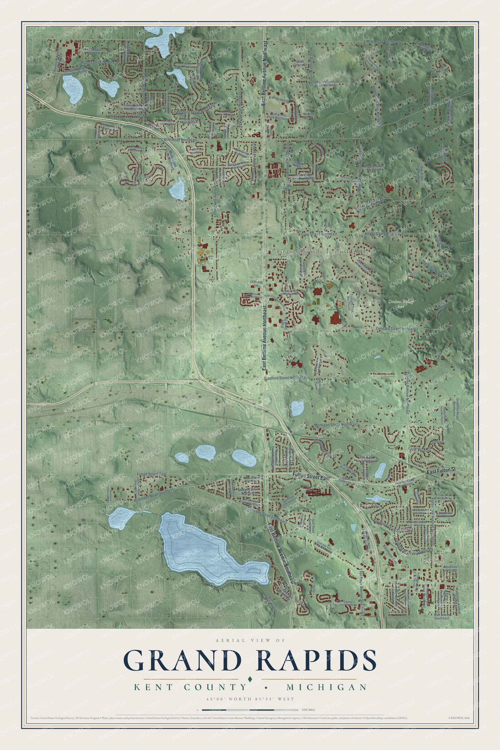 Full map of Grand Rapids, Michigan, with red buildings, printed street names and the land around them