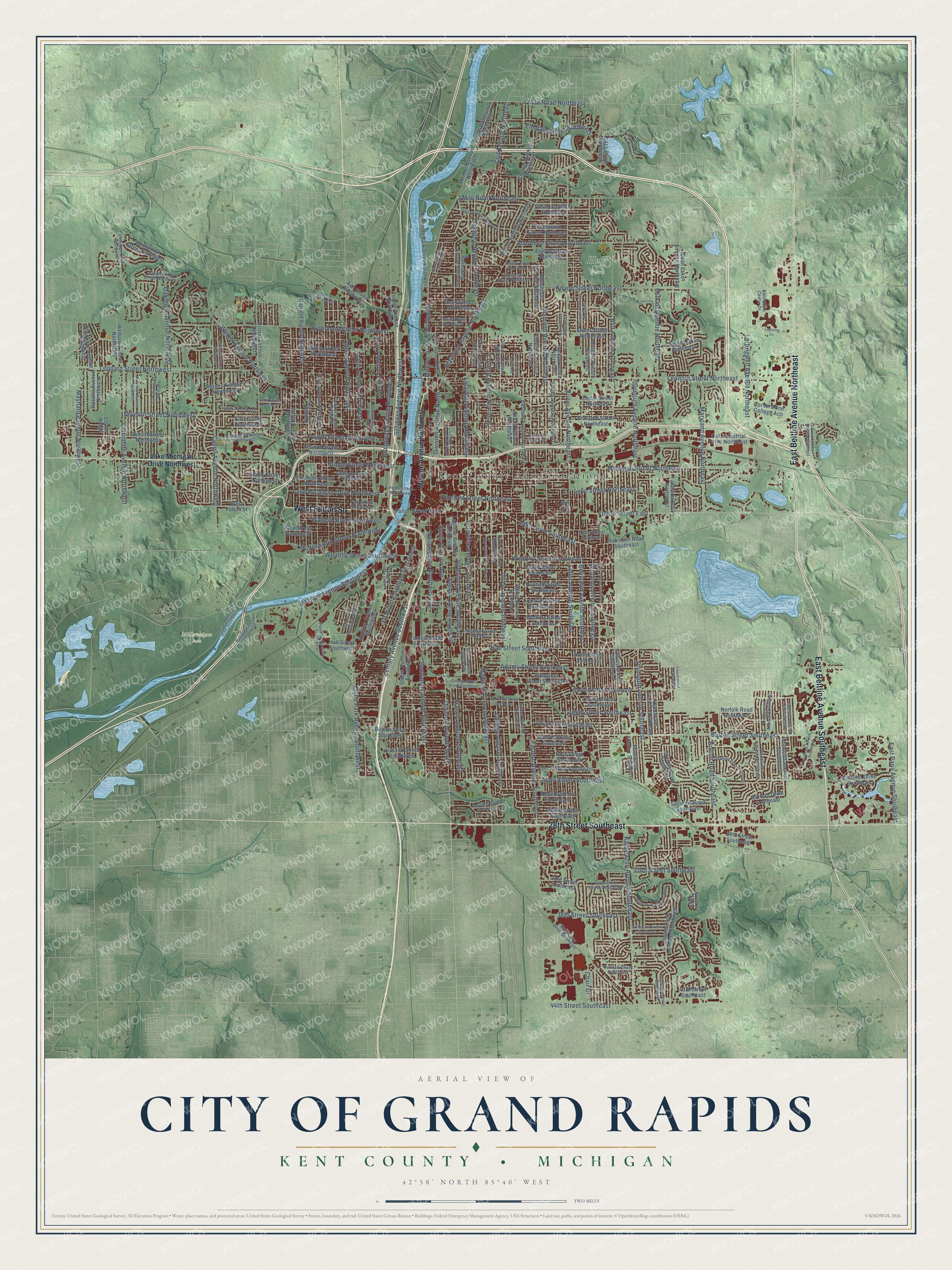 Full map of Grand Rapids, Michigan, with red buildings, printed street names and the land around them