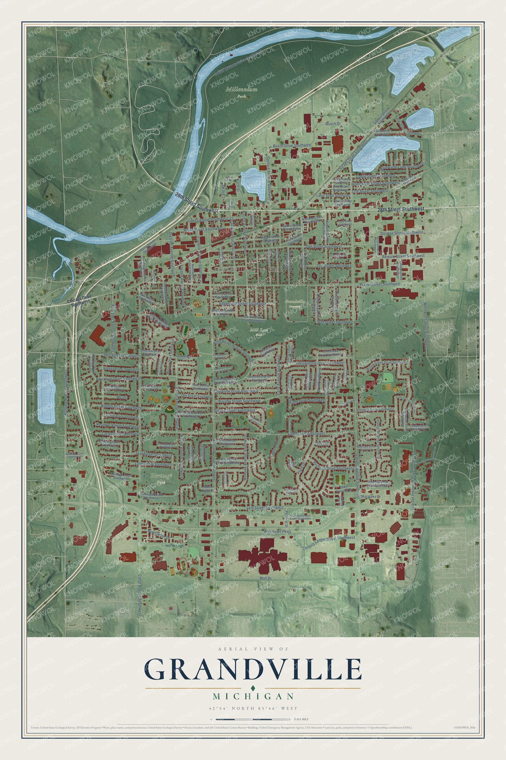 Full map of Grandville, Michigan, with red buildings, printed street names and the land around them