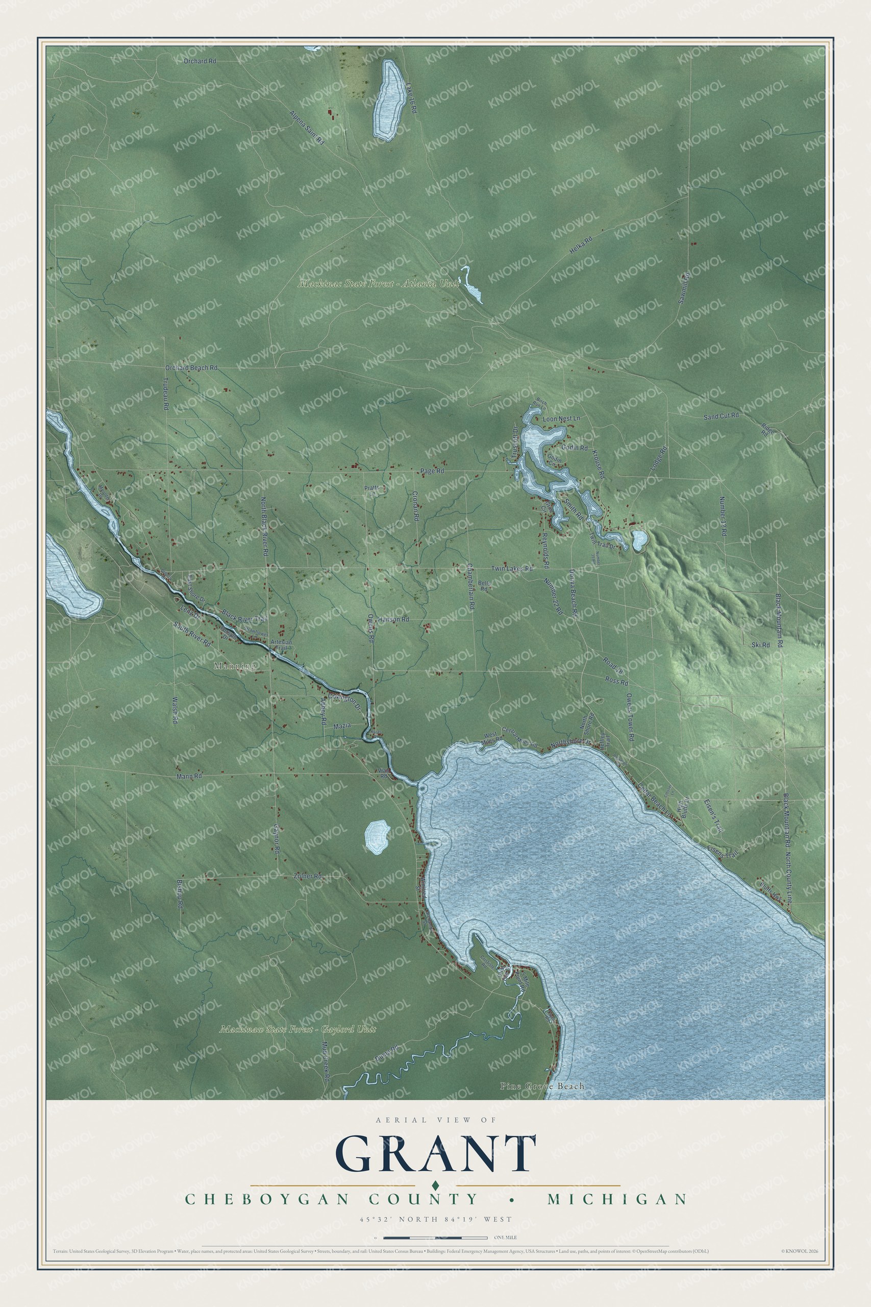 Full map of Grant, Michigan, with red buildings, printed street names and the land around them