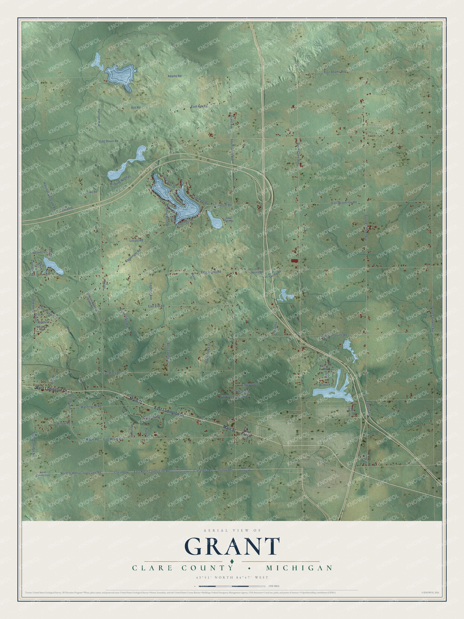 Full map of Grant, Michigan, with red buildings, printed street names and the land around them