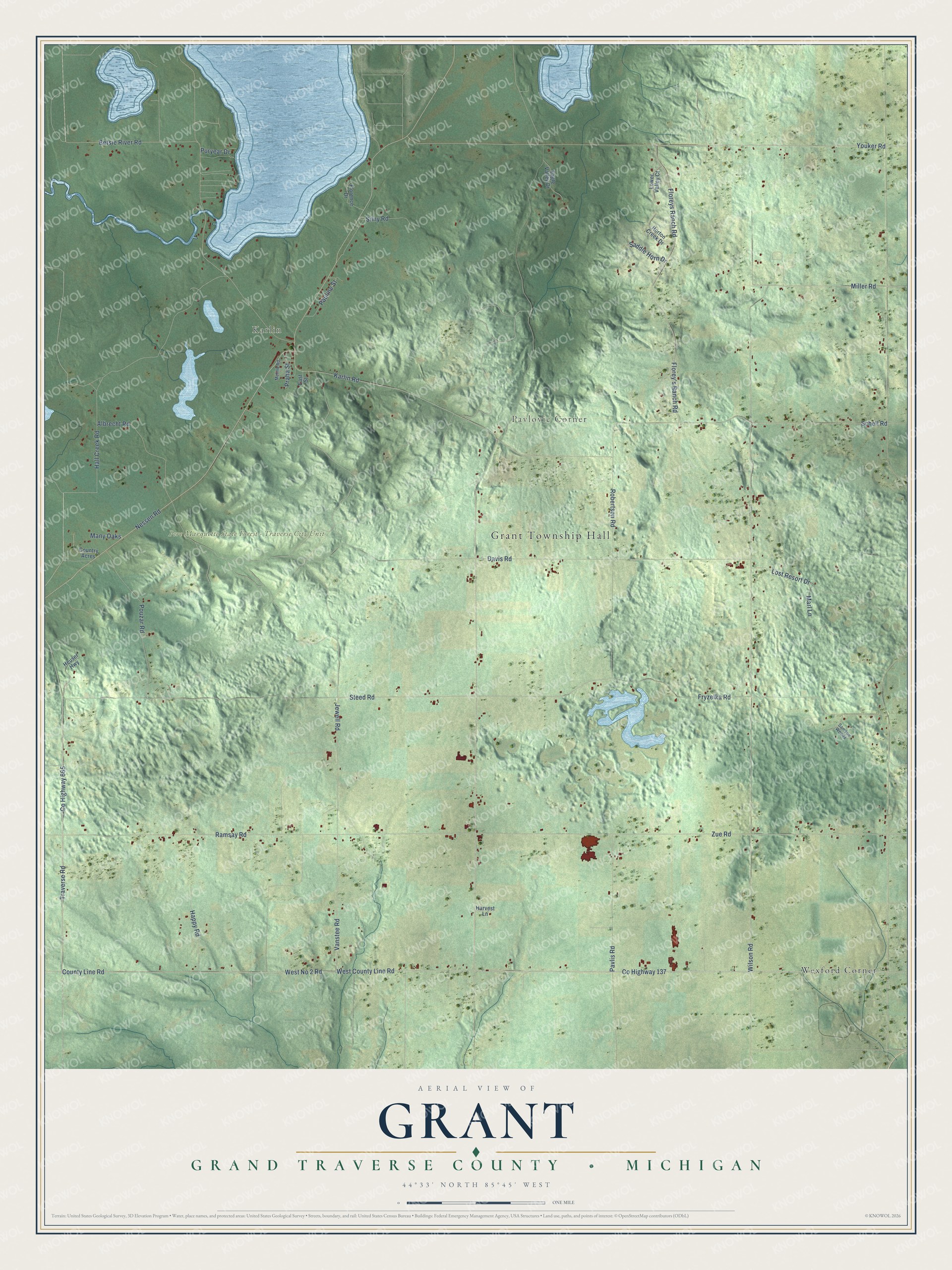 Full map of Grant, Michigan, with red buildings, printed street names and the land around them