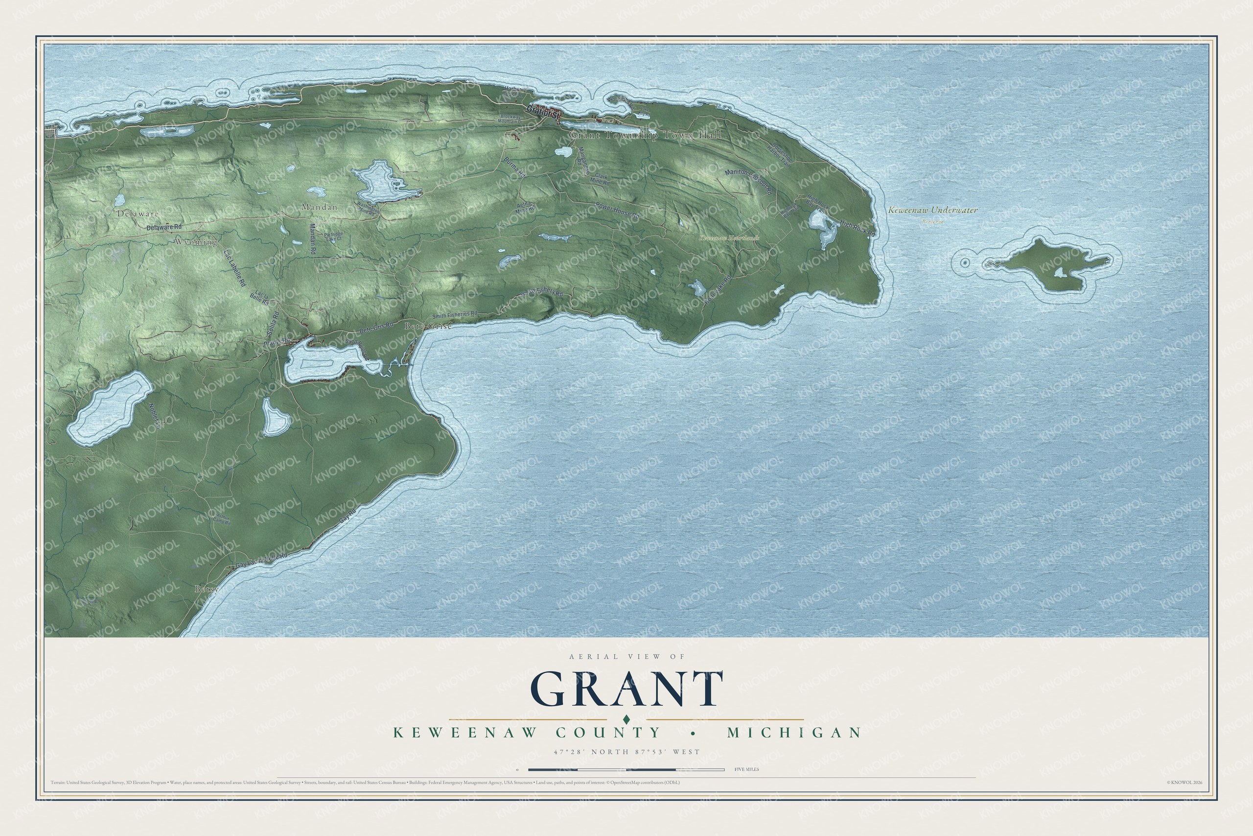 Full map of Grant, Michigan, with red buildings, printed street names and the land around them