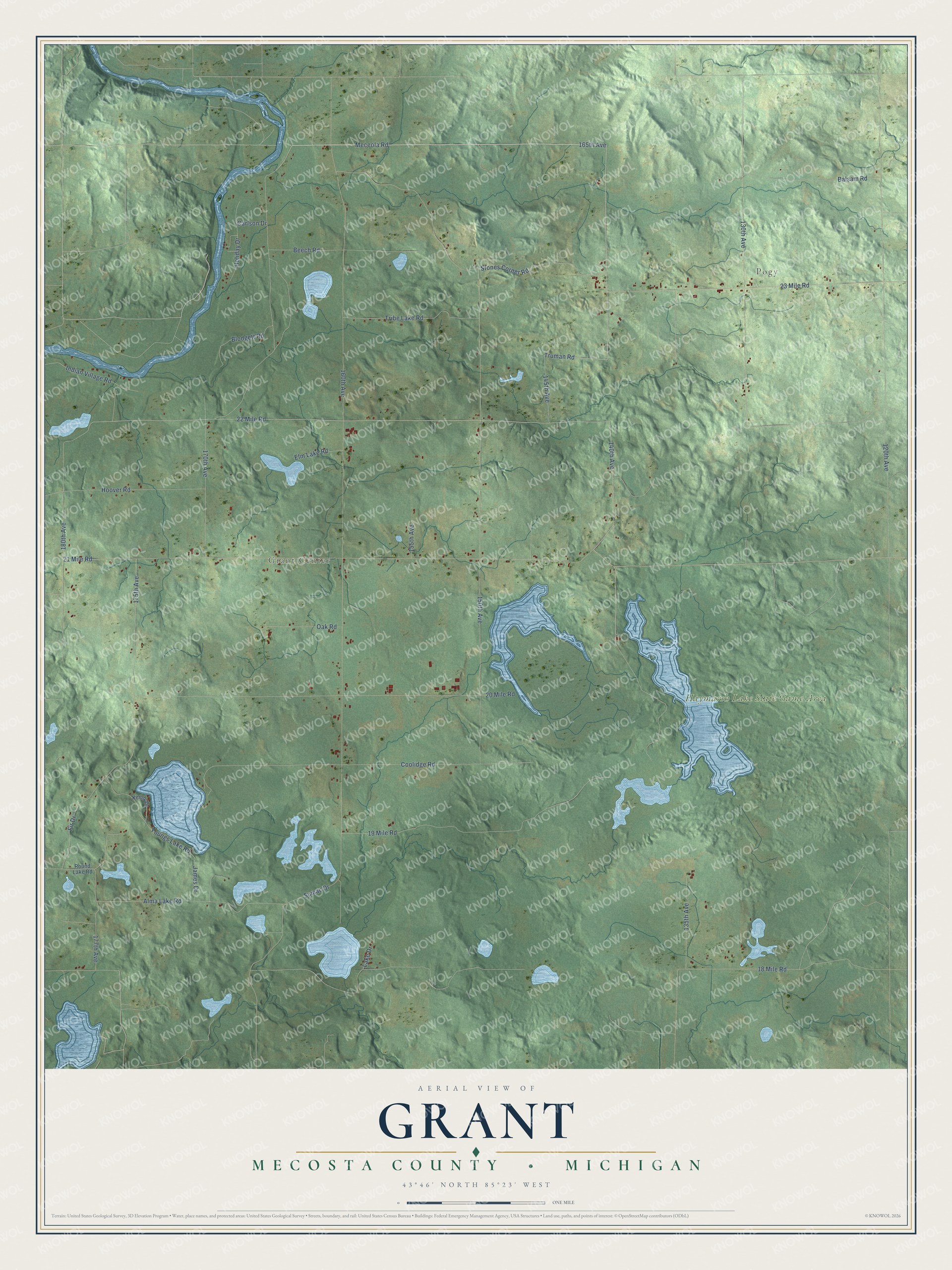 Full map of Grant, Michigan, with red buildings, printed street names and the land around them
