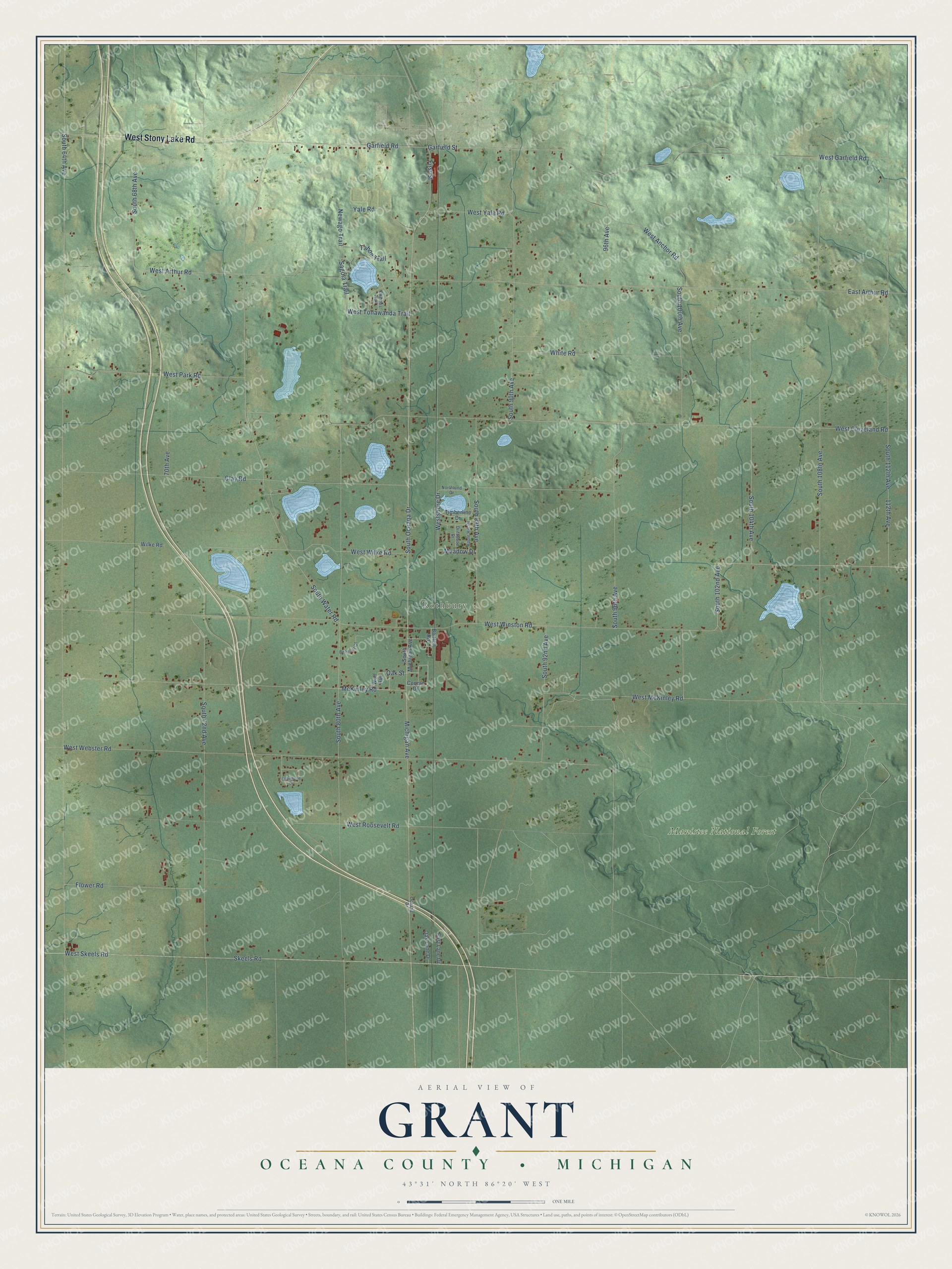Full map of Grant, Michigan, with red buildings, printed street names and the land around them
