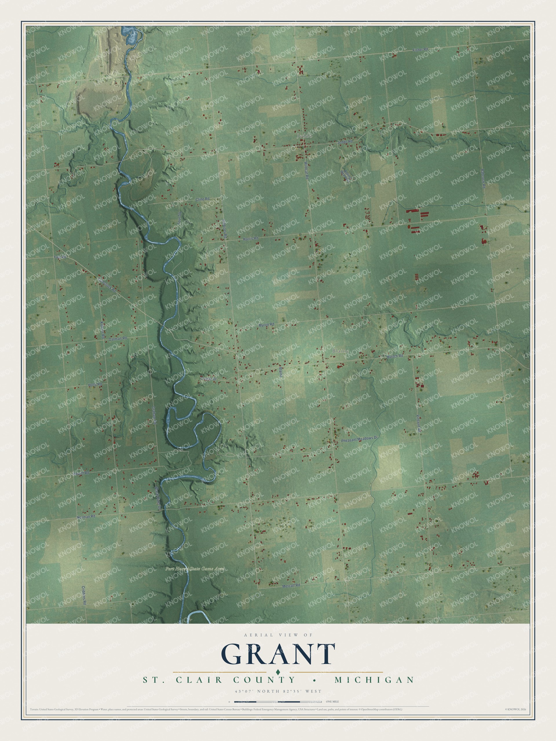 Full map of Grant, Michigan, with red buildings, printed street names and the land around them