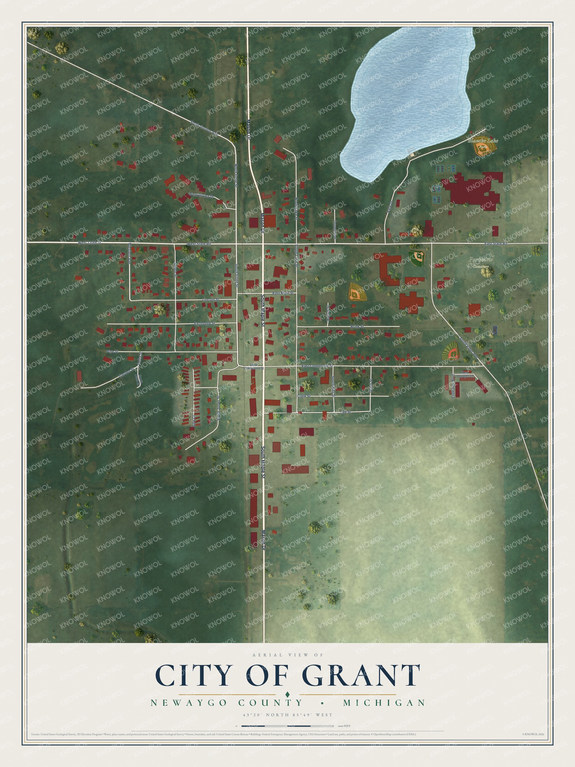 Full map of Grant, Michigan, with red buildings, printed street names and the land around them