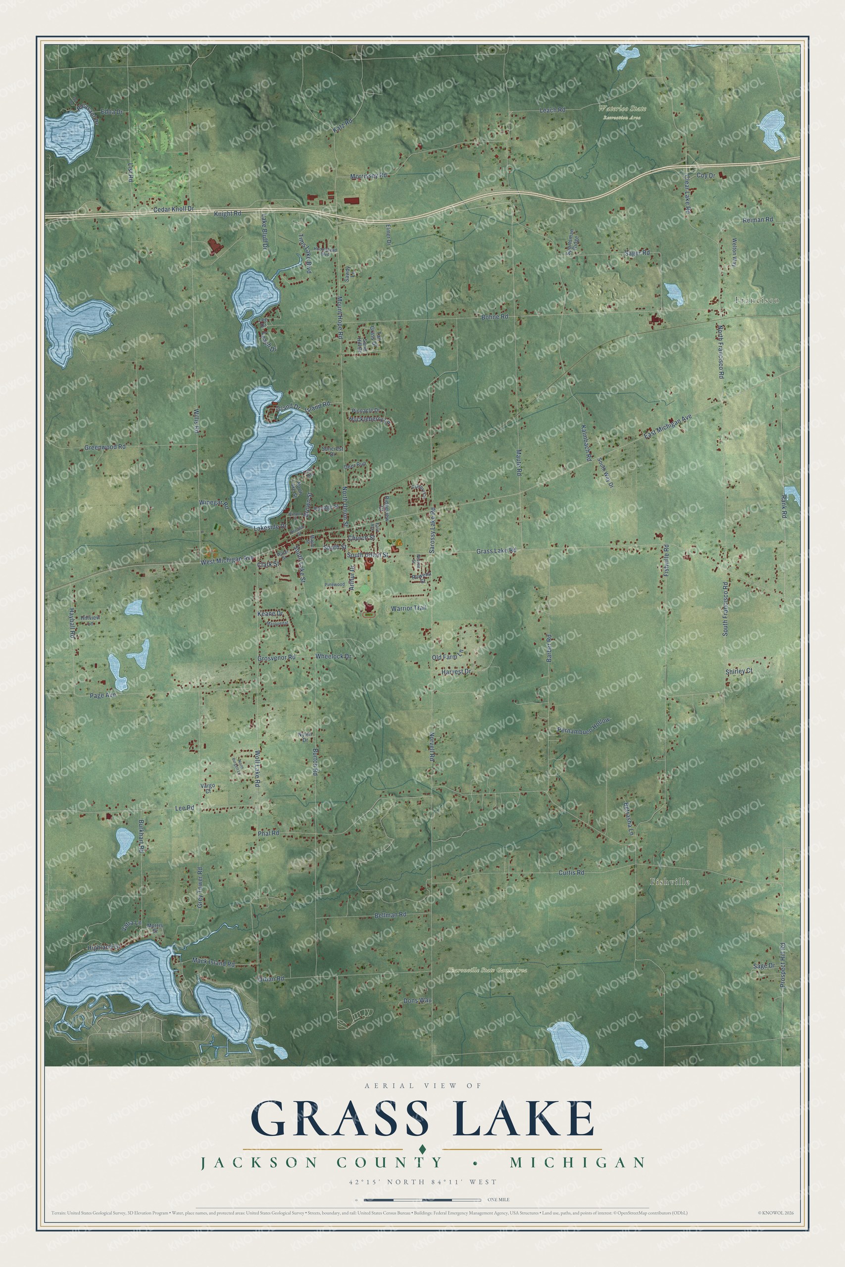 Full map of Grass Lake, Michigan, with red buildings, printed street names and the land around them
