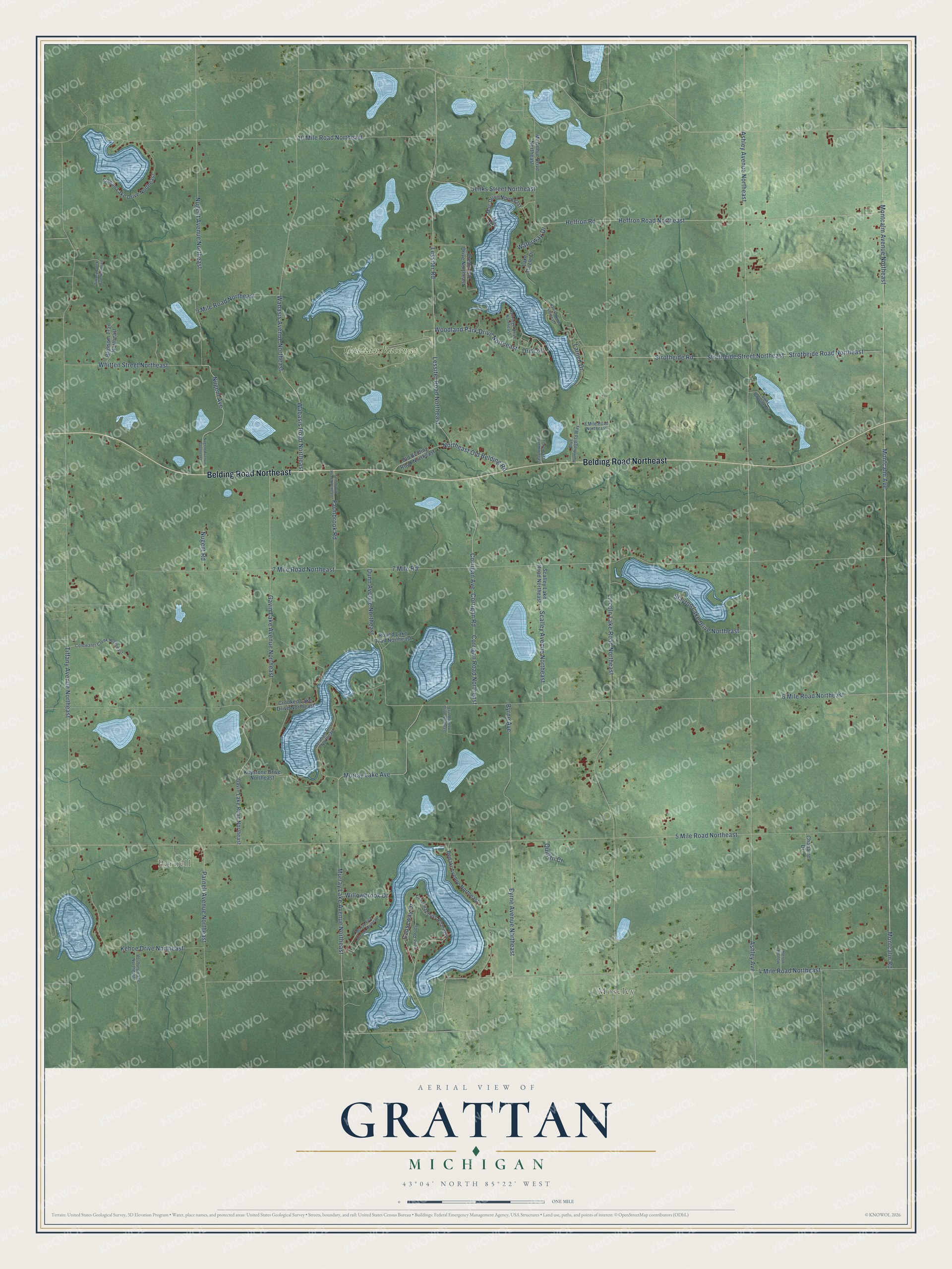 Full map of Grattan, Michigan, with red buildings, printed street names and the land around them