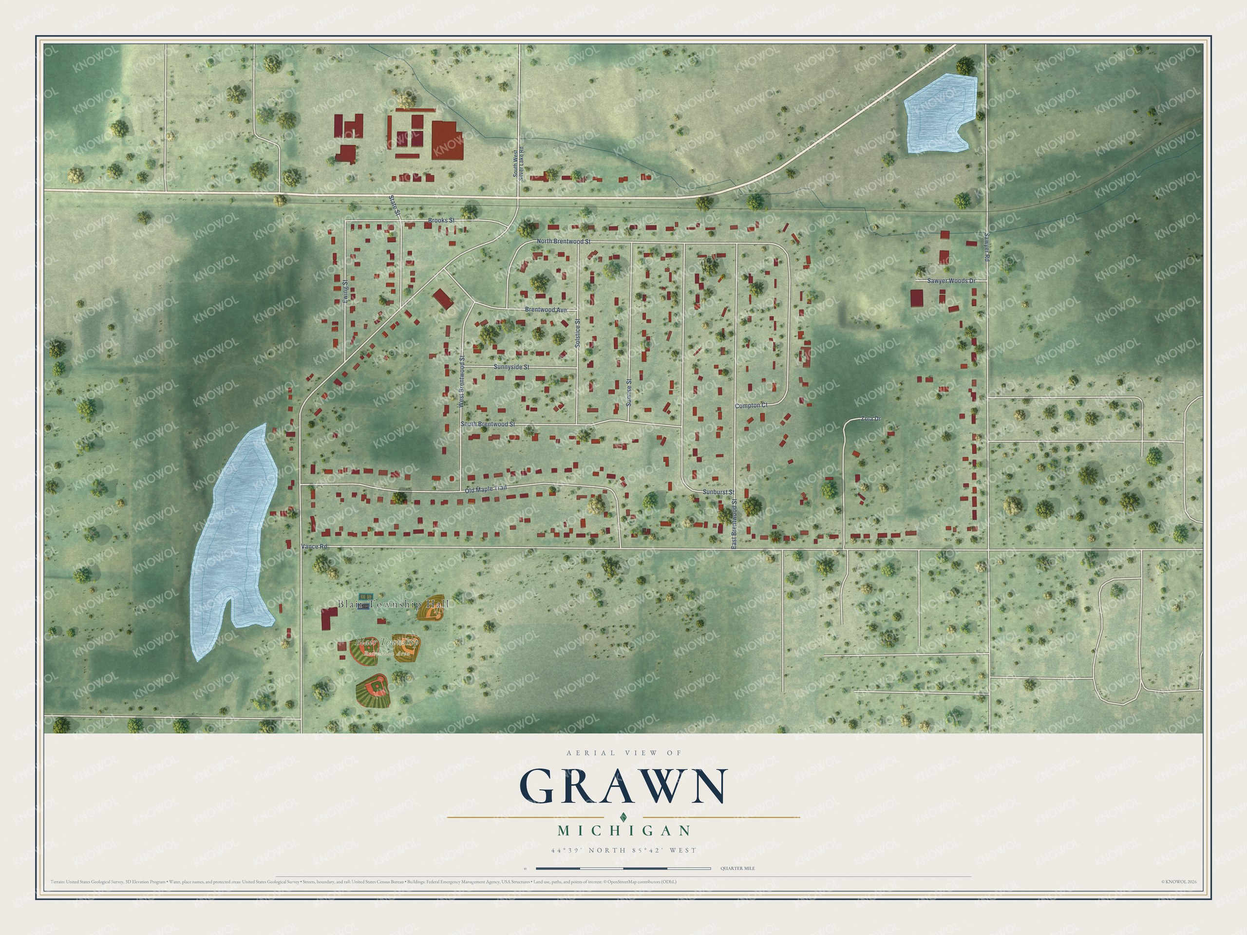 Full map of Grawn, Michigan, with red buildings, printed street names and the land around them