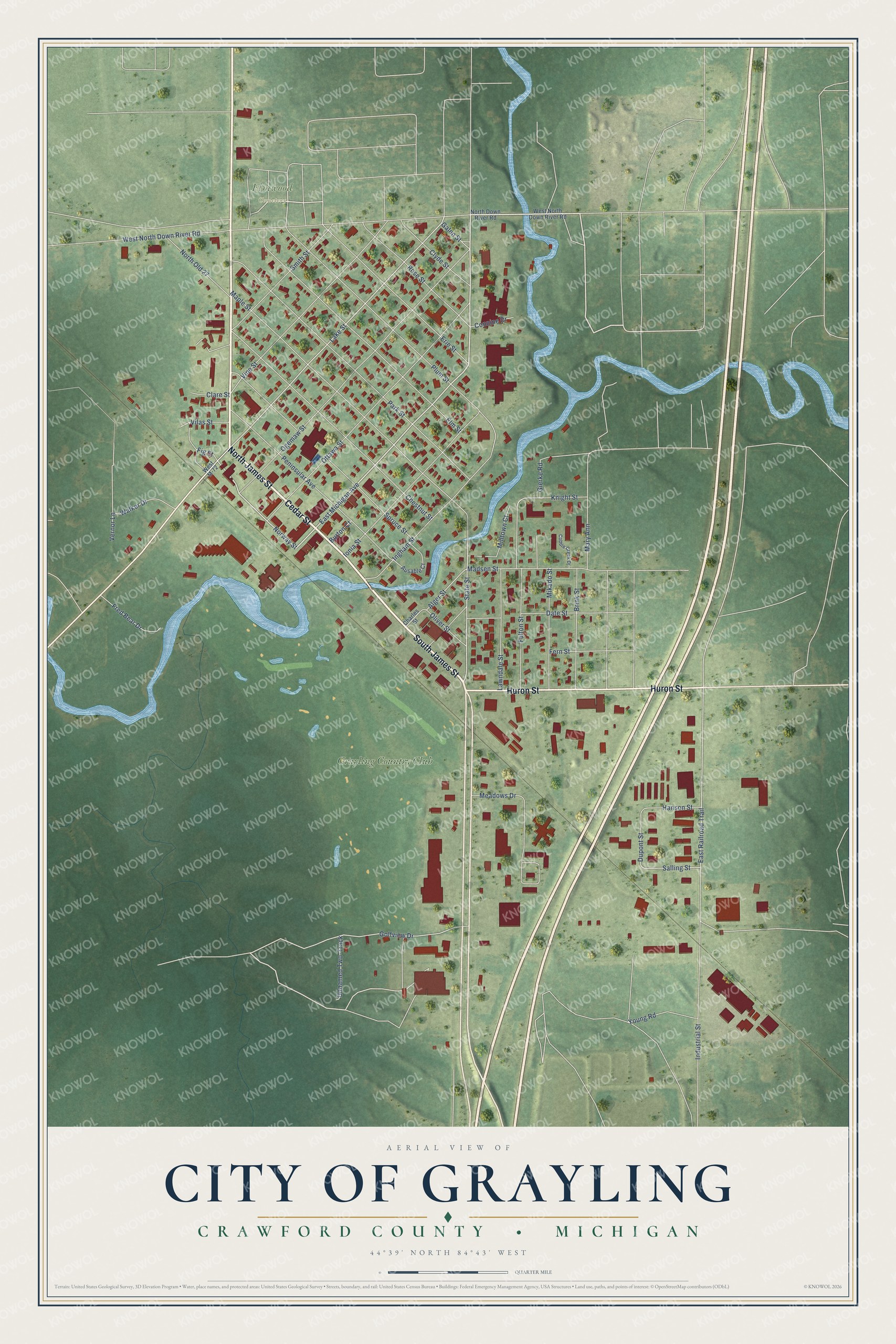 Full map of Grayling, Michigan, with red buildings, printed street names and the land around them
