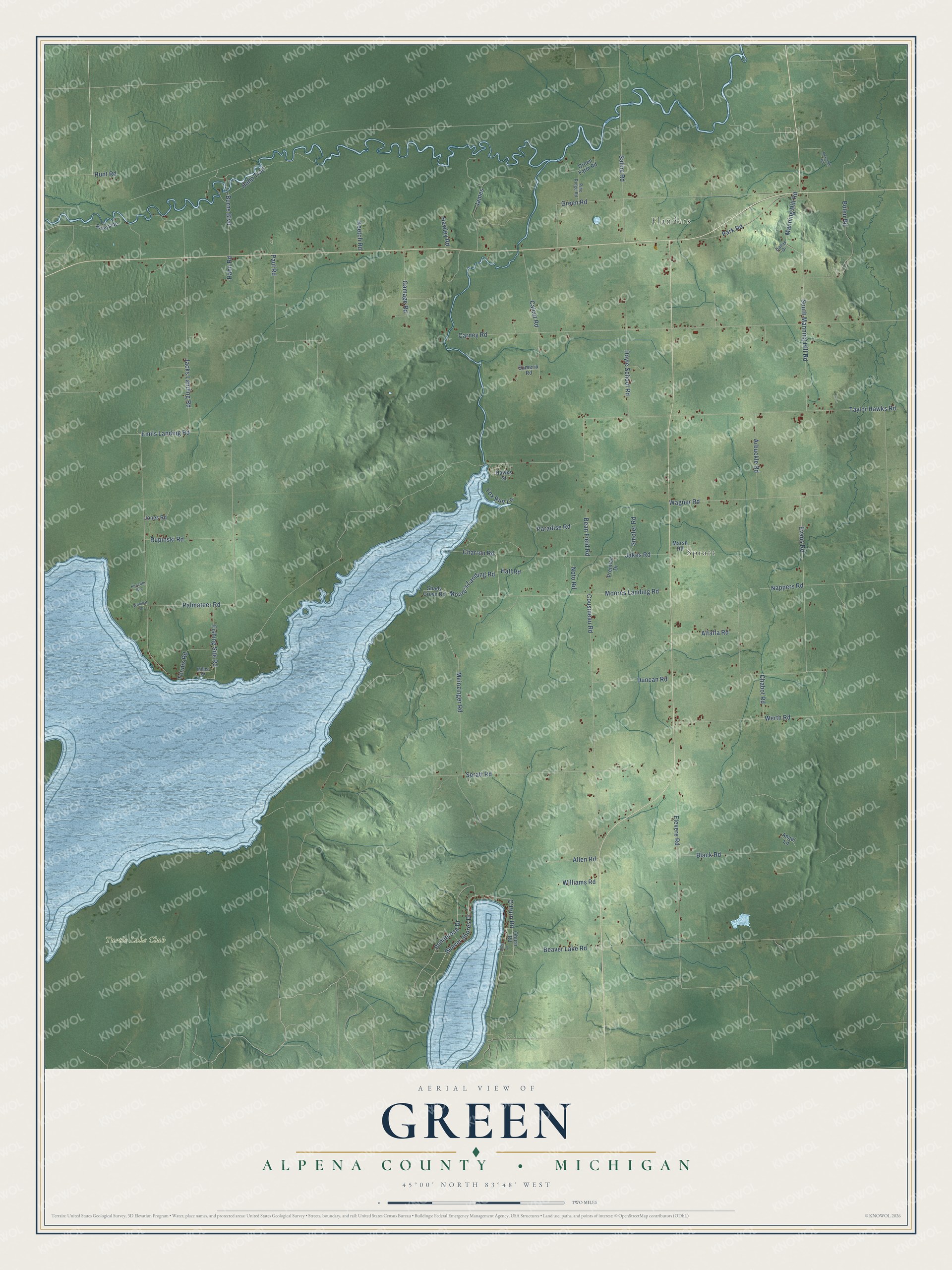 Full map of Green, Michigan, with red buildings, printed street names and the land around them