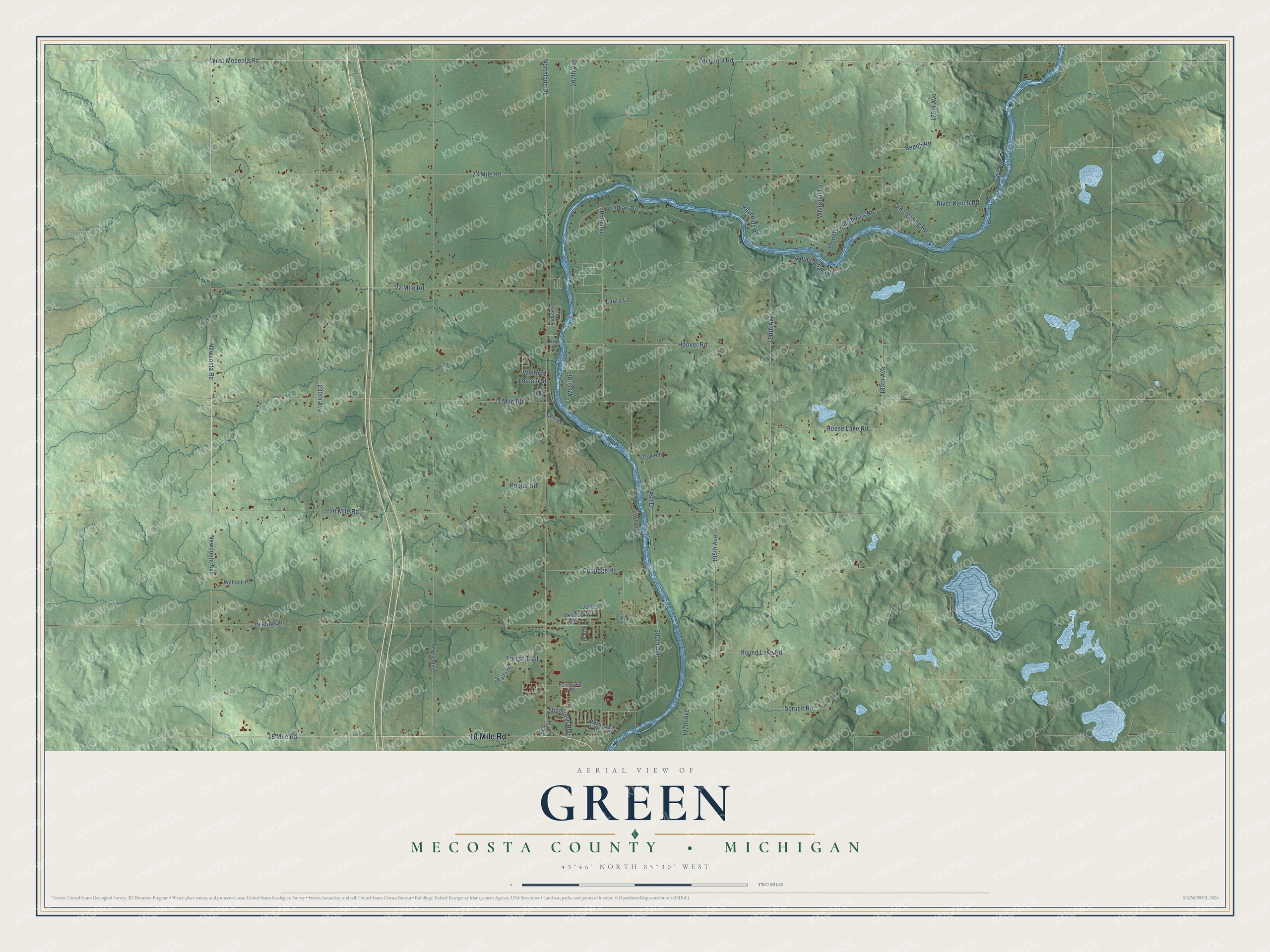 Full map of Green, Michigan, with red buildings, printed street names and the land around them