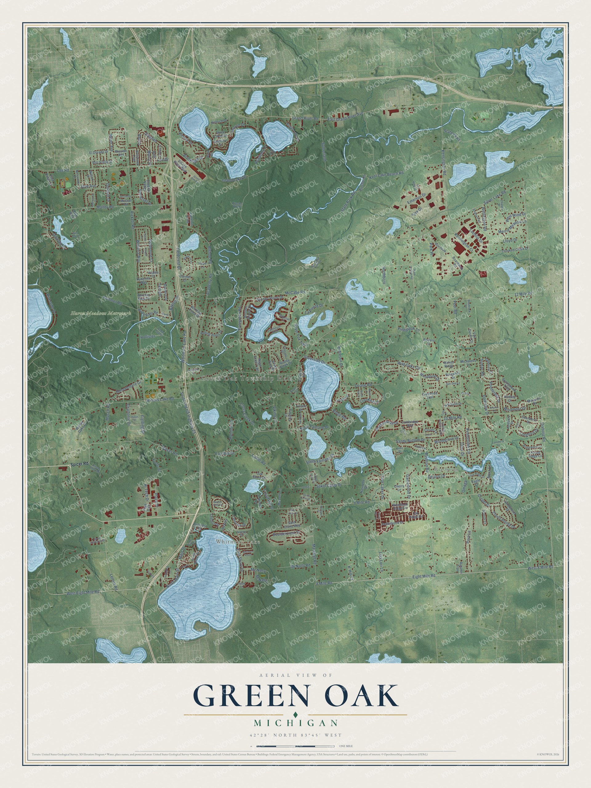 Full map of Green Oak, Michigan, with red buildings, printed street names and the land around them