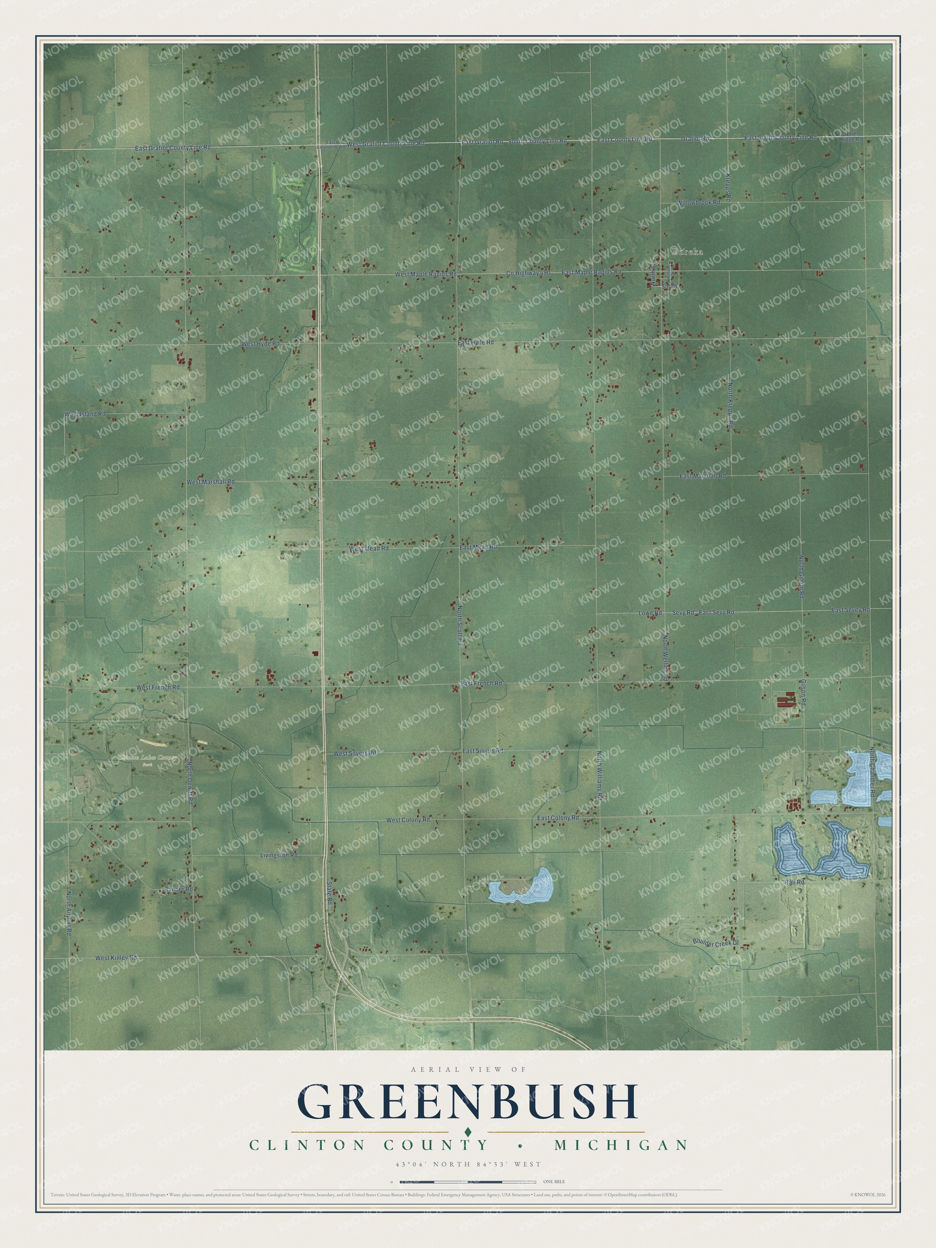 Full map of Greenbush, Michigan, with red buildings, printed street names and the land around them