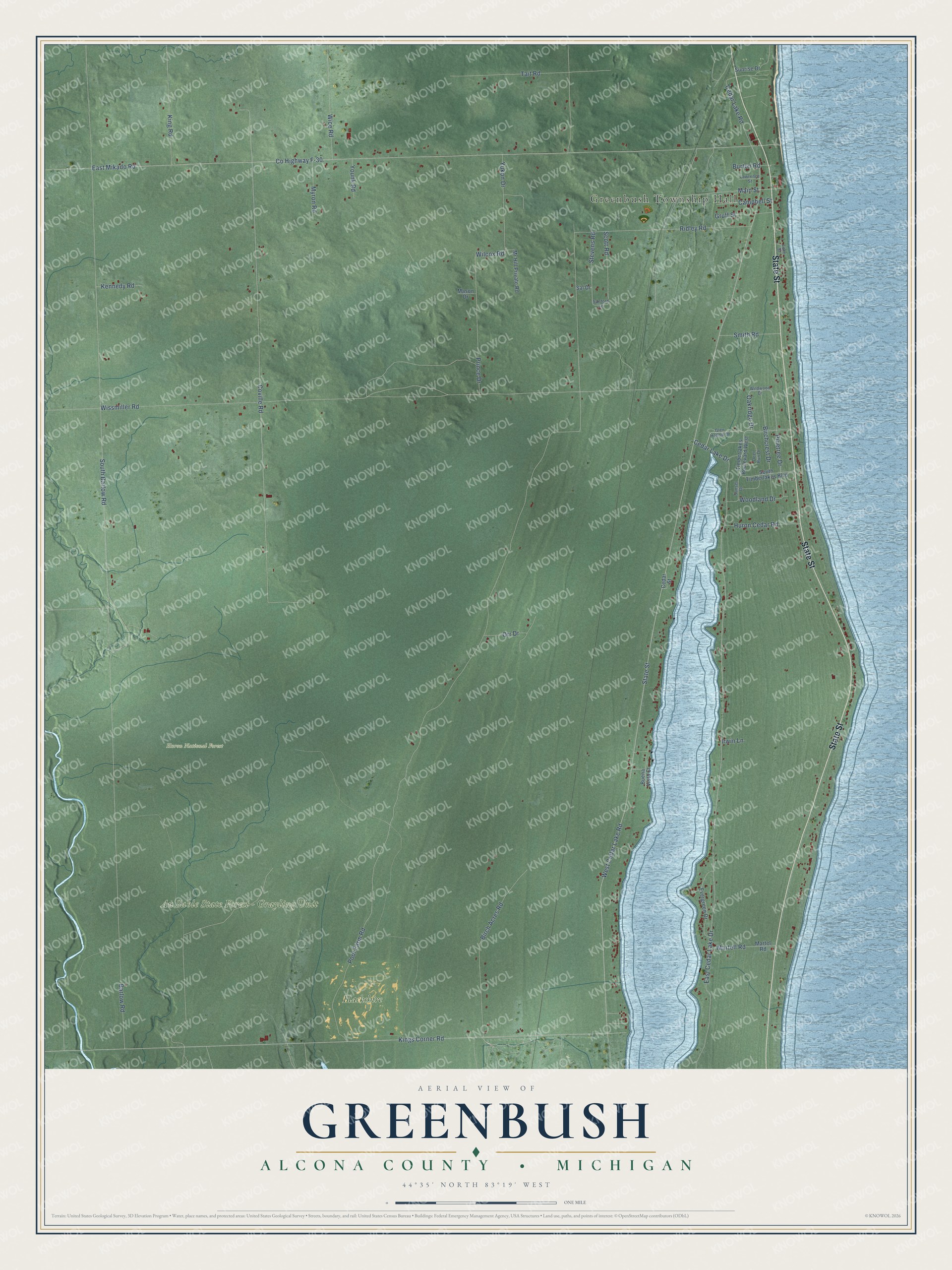 Full map of Greenbush, Michigan, with red buildings, printed street names and the land around them