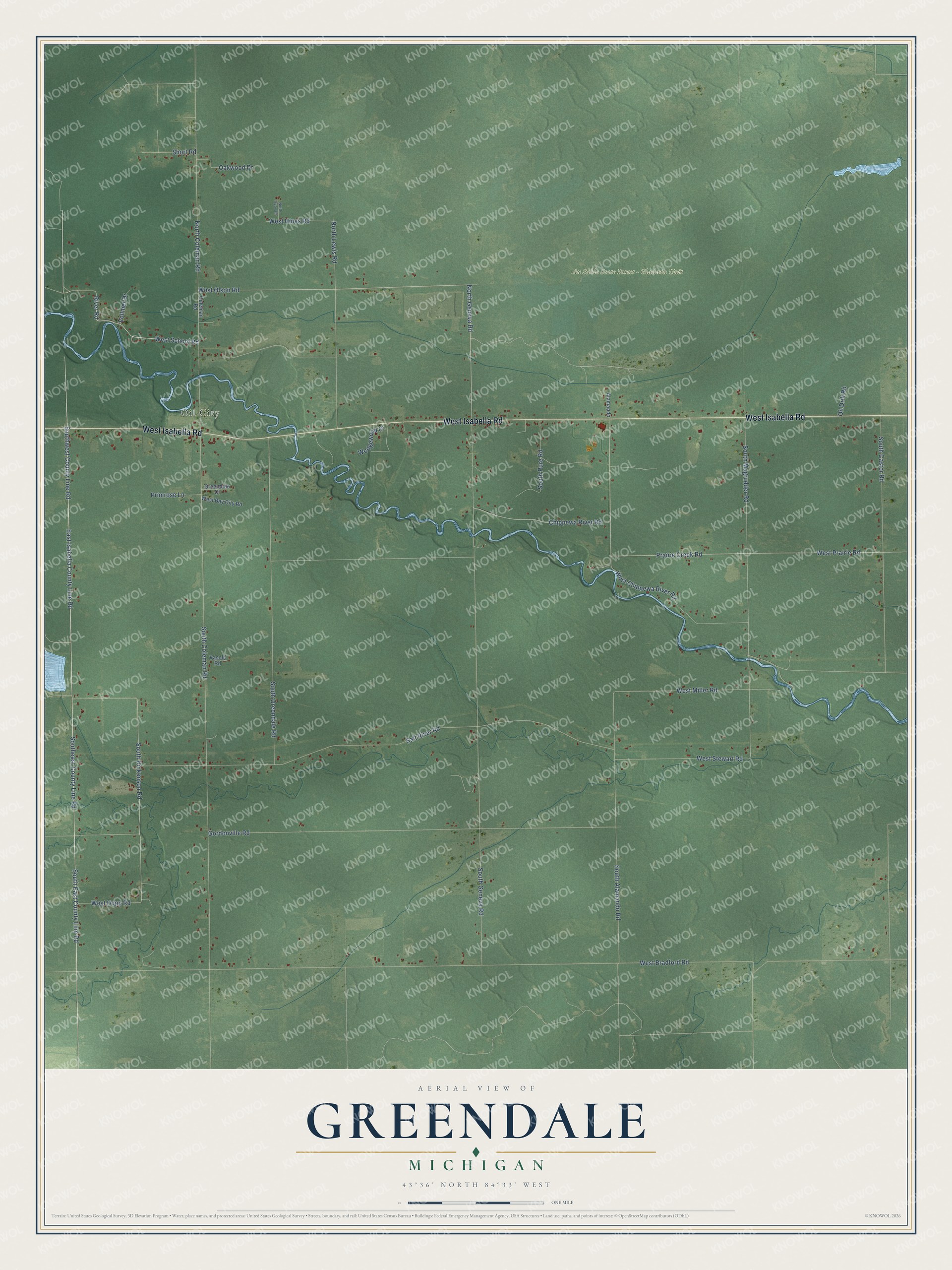 Full map of Greendale, Michigan, with red buildings, printed street names and the land around them