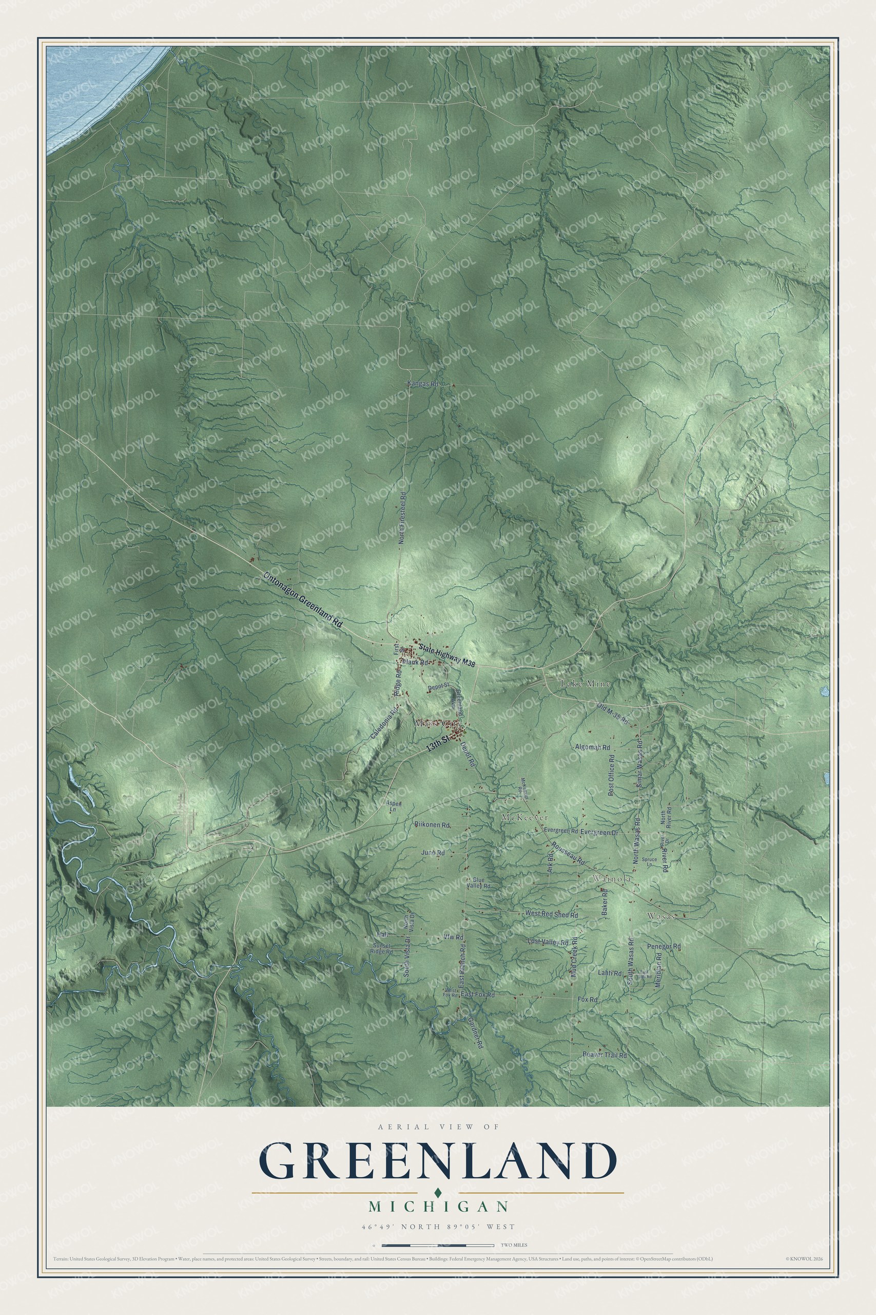 Full map of Greenland, Michigan, with red buildings, printed street names and the land around them