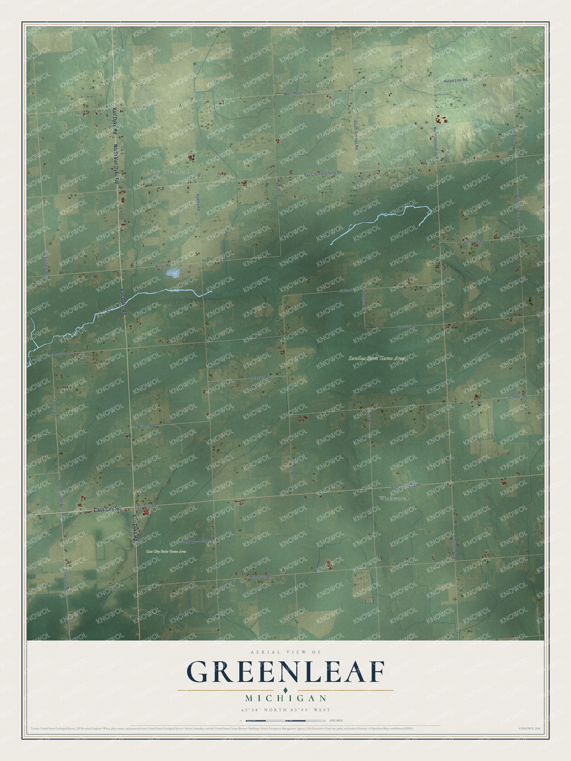 Full map of Greenleaf, Michigan, with red buildings, printed street names and the land around them