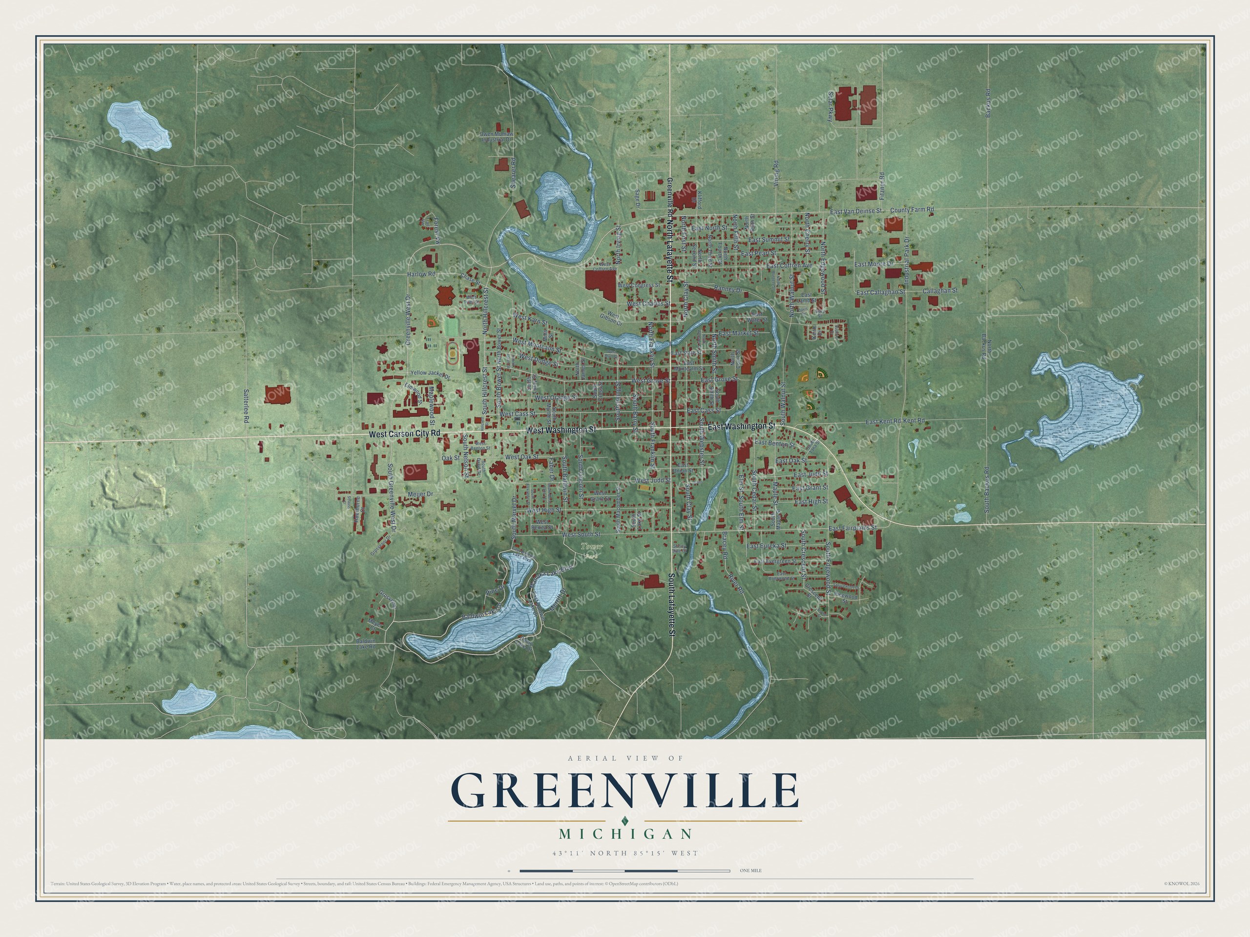 Full map of Greenville, Michigan, with red buildings, printed street names and the land around them