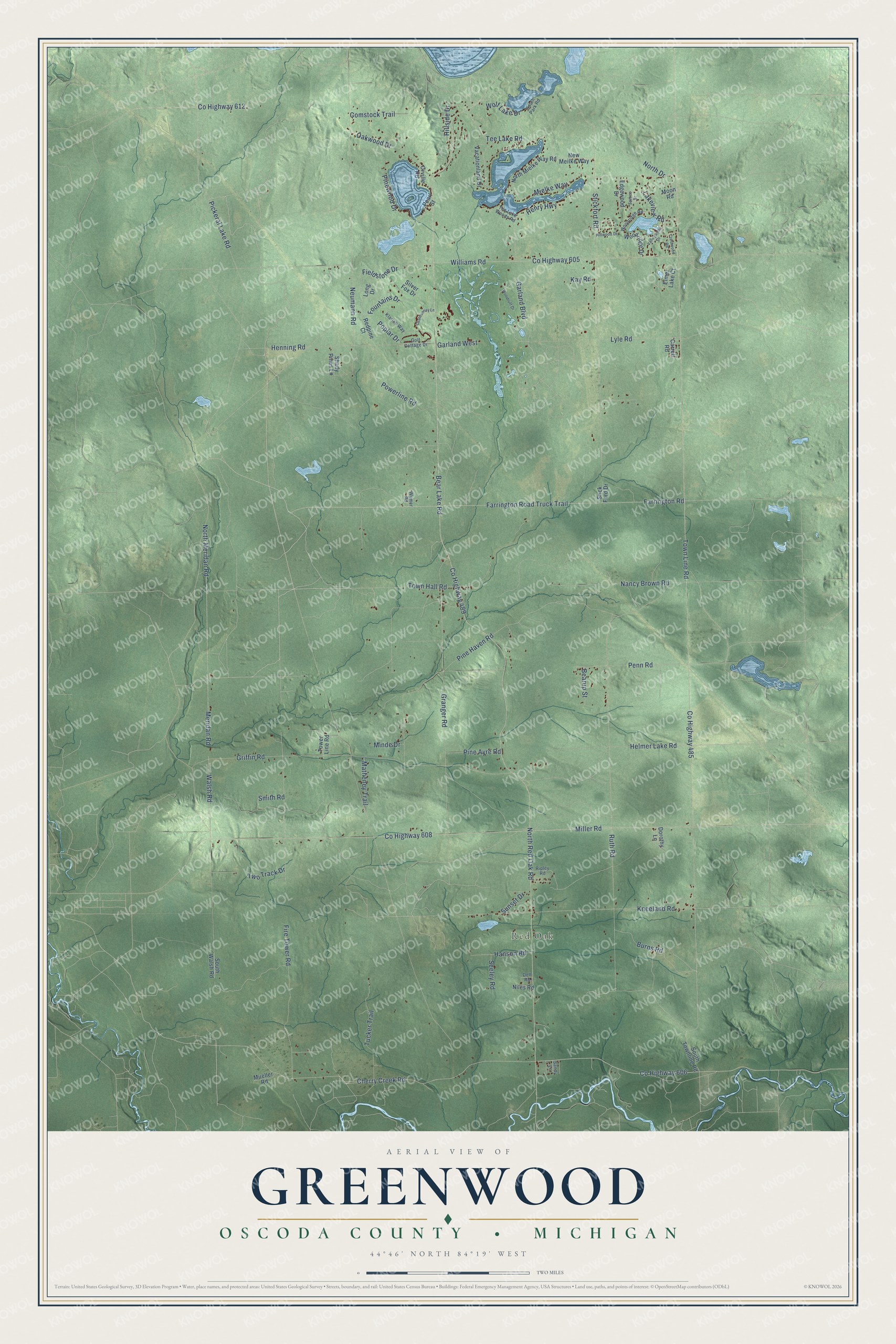 Full map of Greenwood, Michigan, with red buildings, printed street names and the land around them