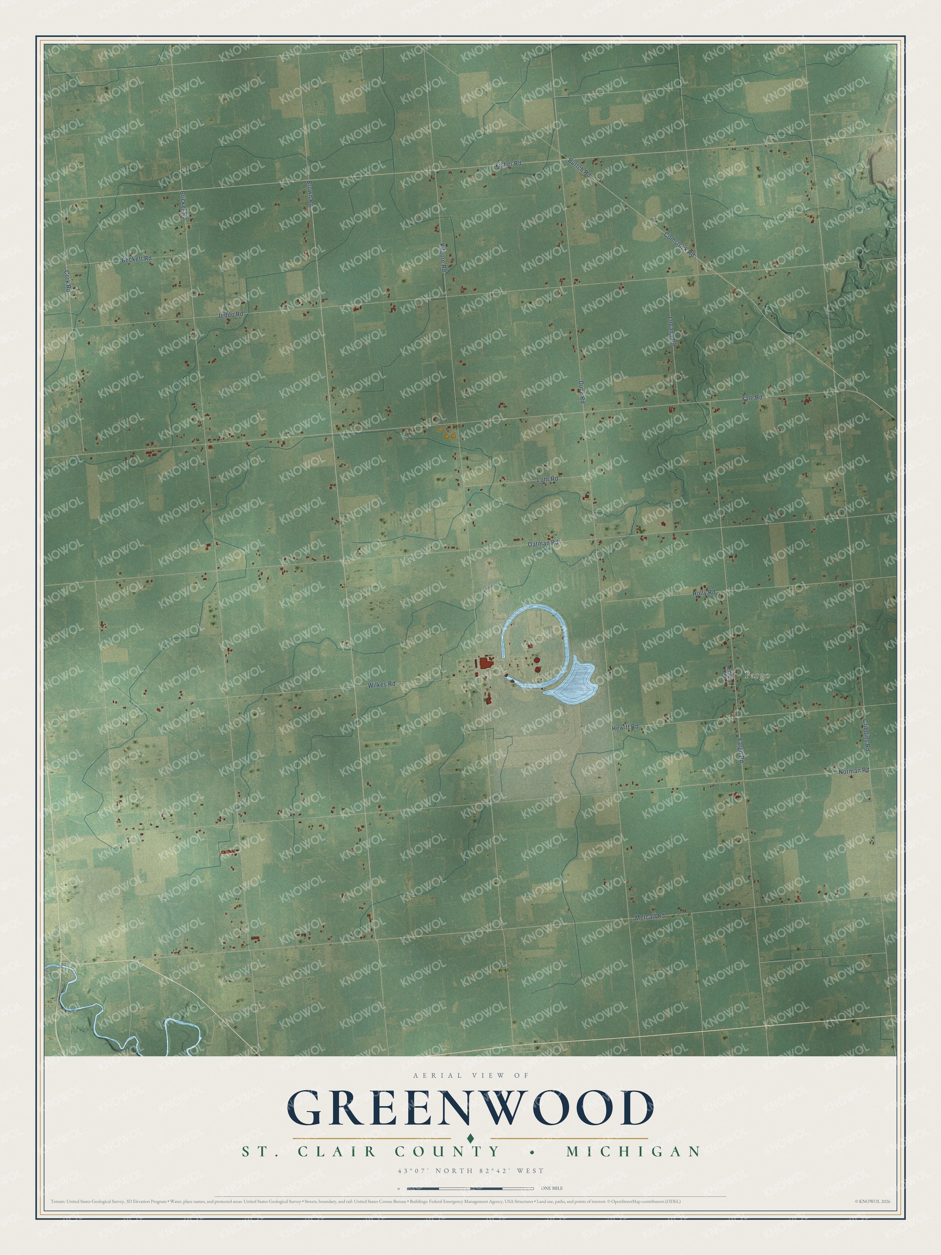 Full map of Greenwood, Michigan, with red buildings, printed street names and the land around them