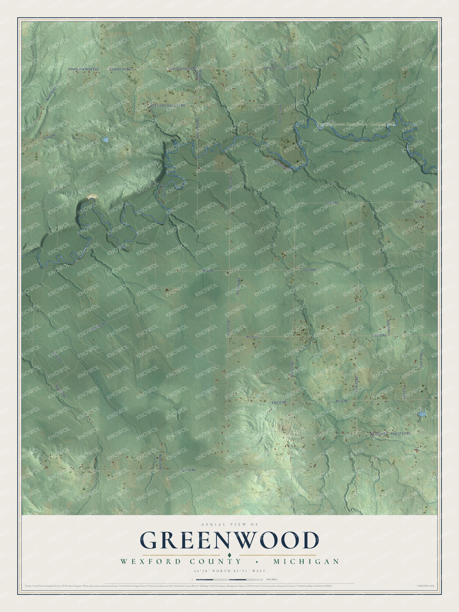 Full map of Greenwood, Michigan, with red buildings, printed street names and the land around them