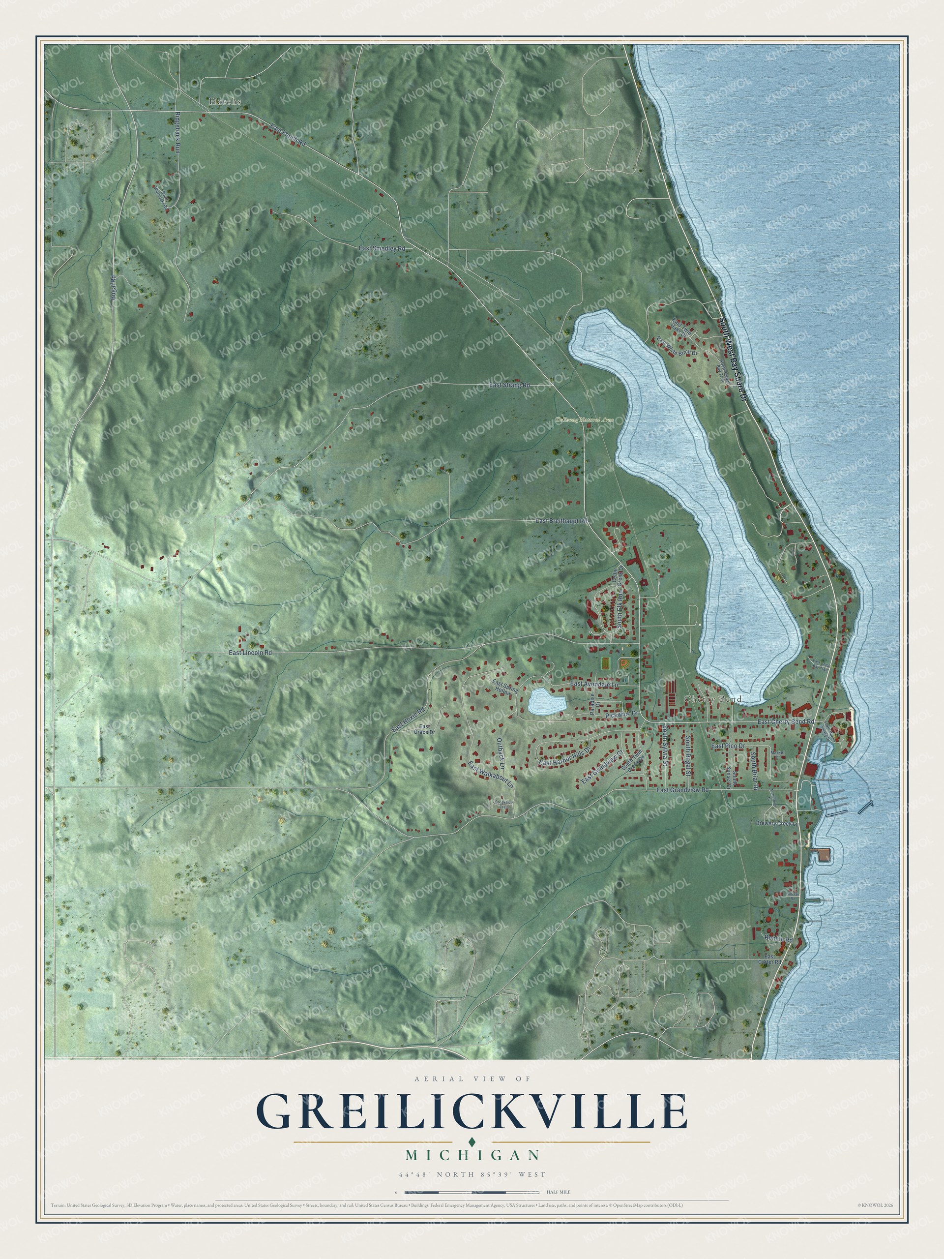 Full map of Greilickville, Michigan, with red buildings, printed street names and the land around them