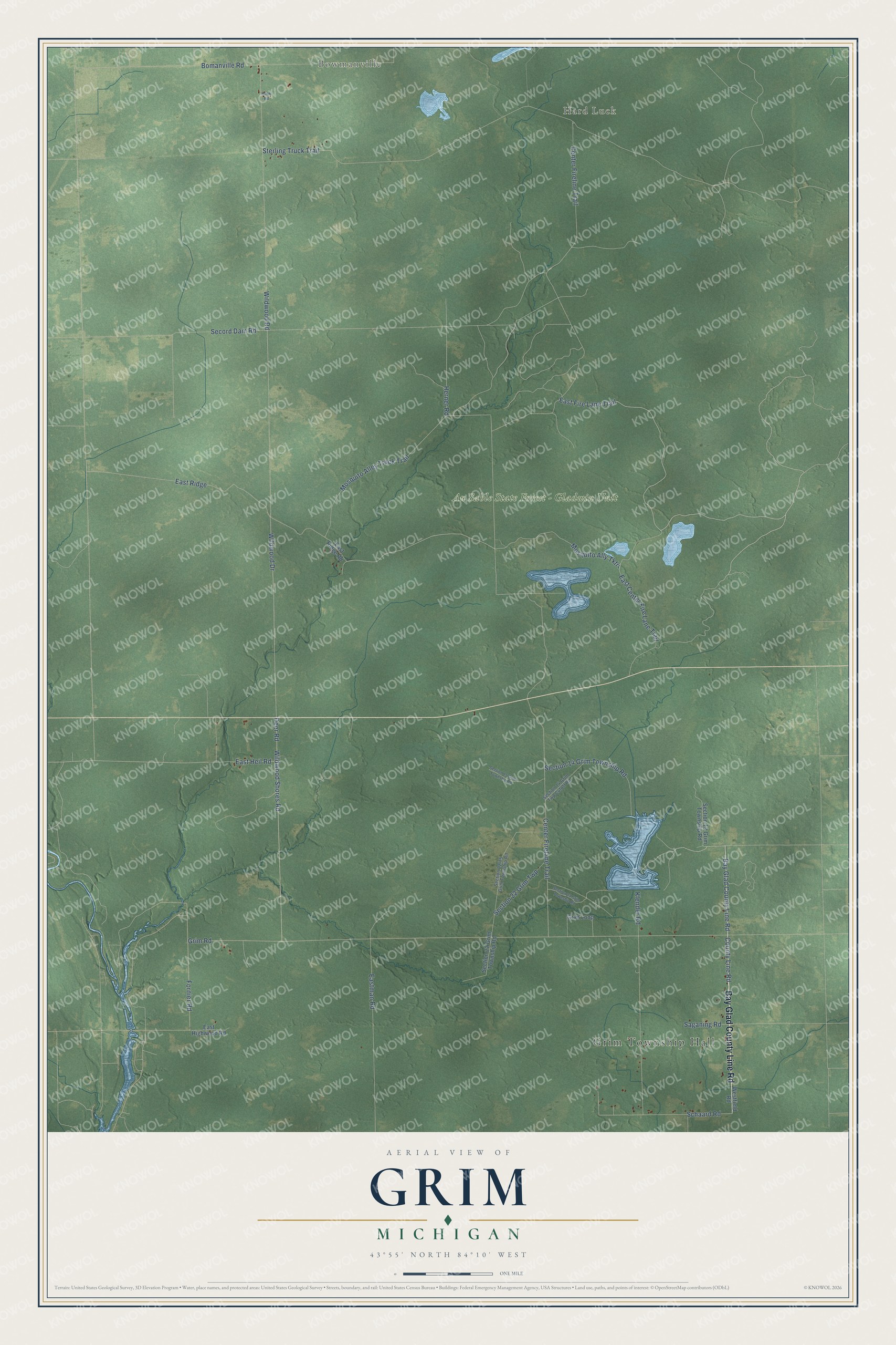 Full map of Grim, Michigan, with red buildings, printed street names and the land around them