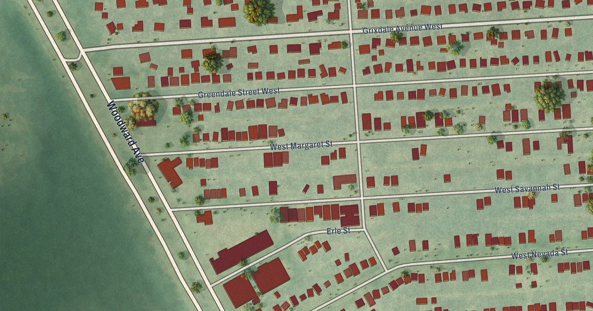 Close-up of streets and buildings in Grixdale Farms, Michigan