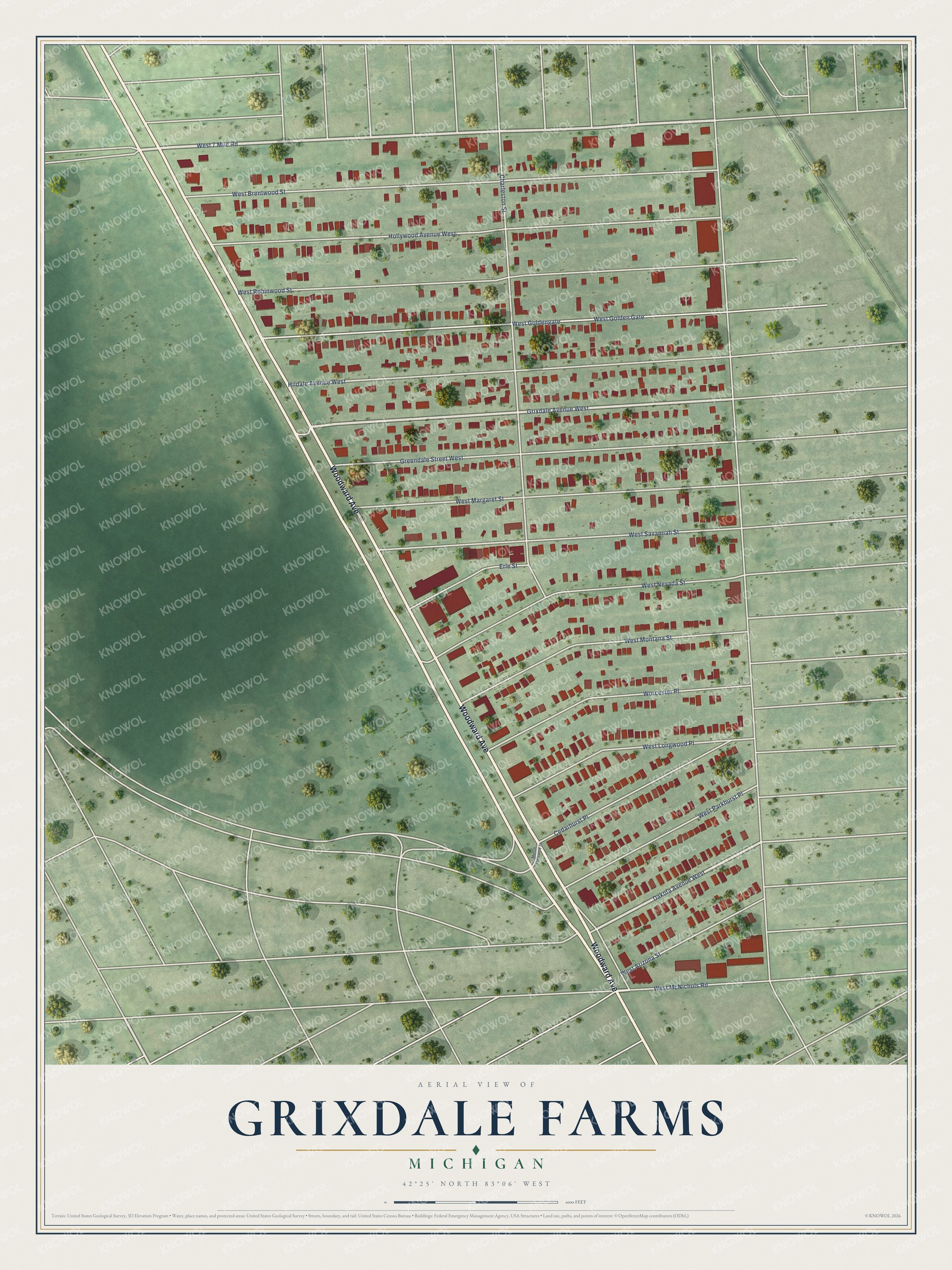Full map of Grixdale Farms, Michigan, with red buildings, printed street names and the land around them
