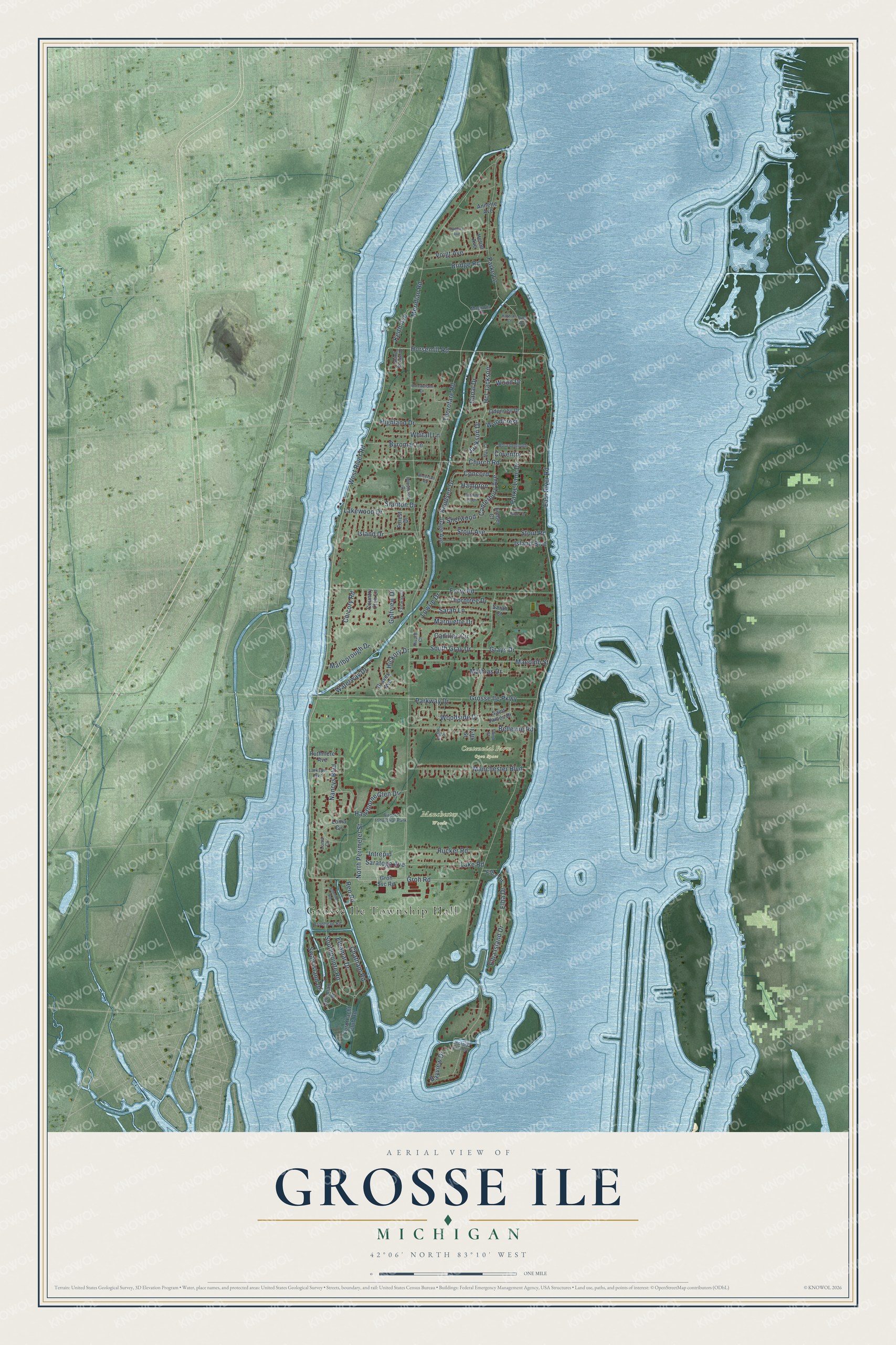 Full map of Grosse Ile, Michigan, with red buildings, printed street names and the land around them