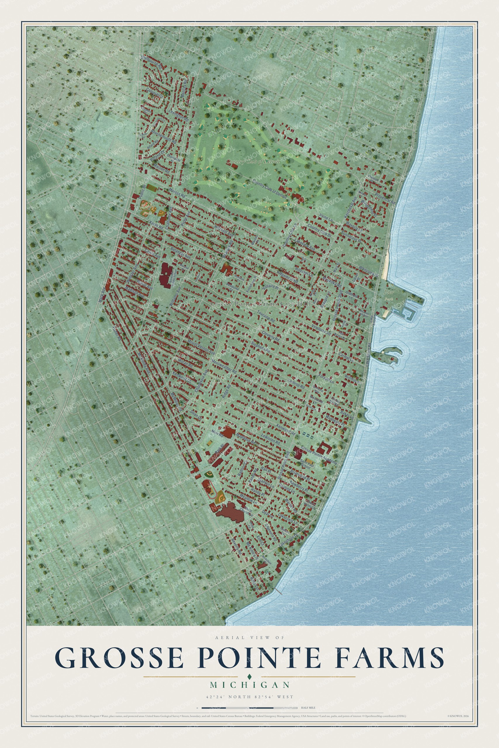 Full map of Grosse Pointe Farms, Michigan, with red buildings, printed street names and the land around them