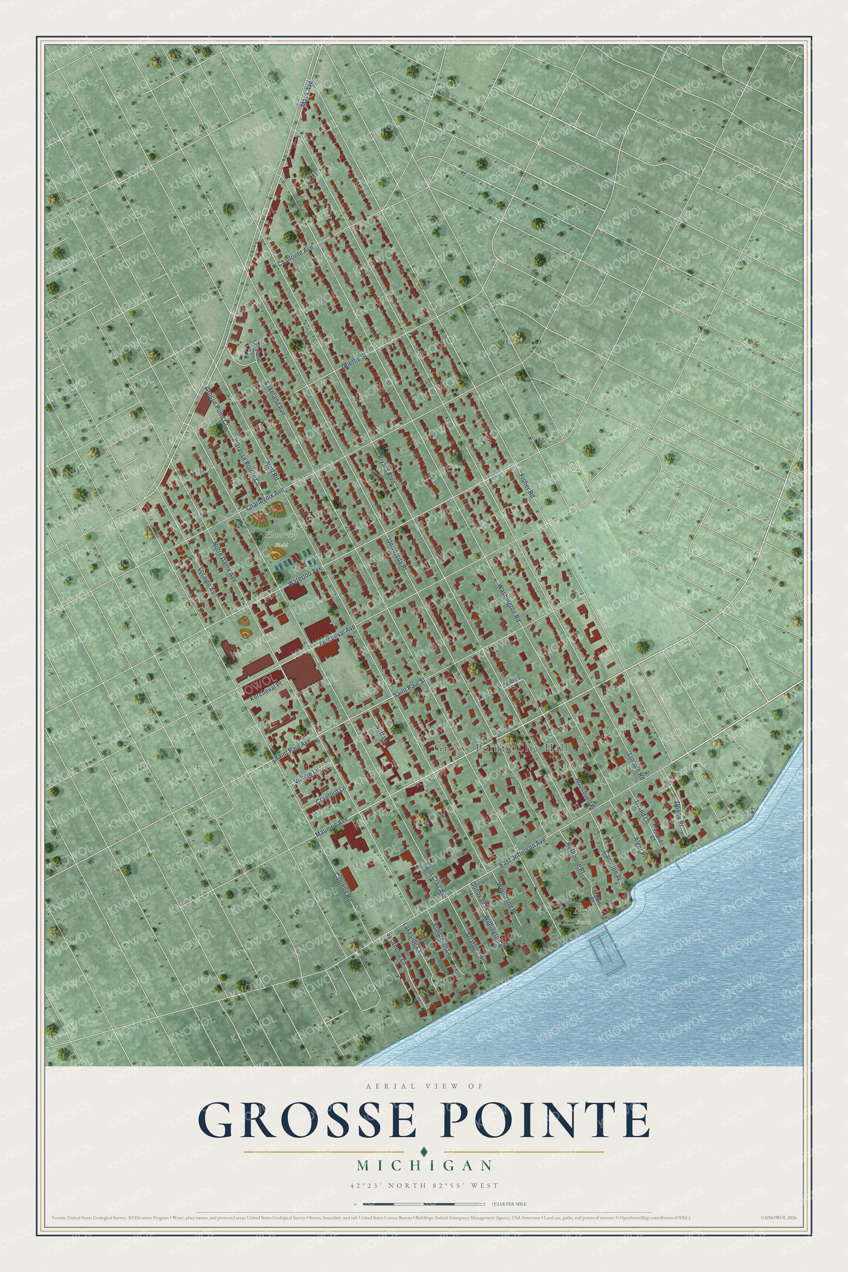 Full map of Grosse Pointe, Michigan, with red buildings, printed street names and the land around them
