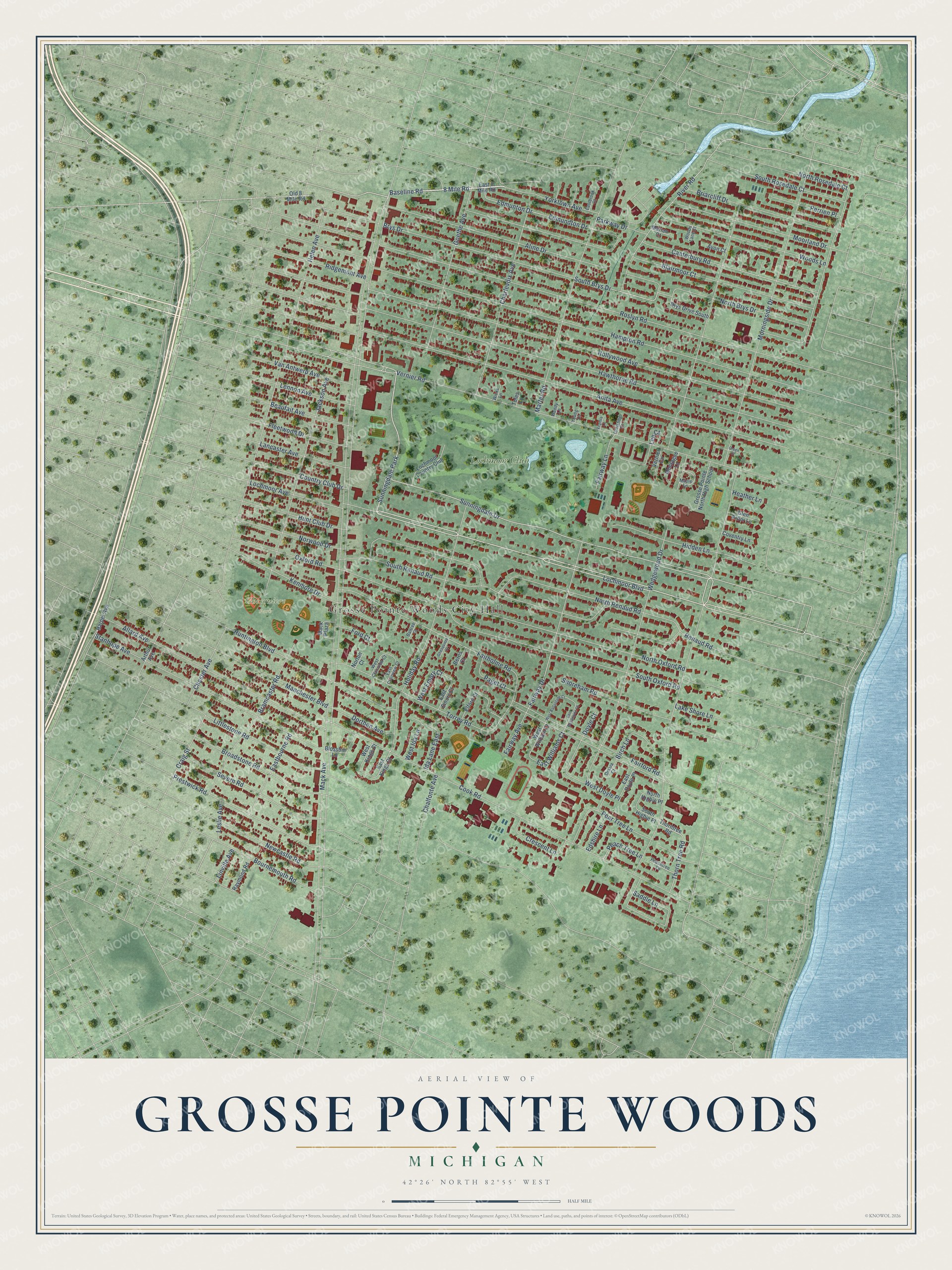 Full map of Grosse Pointe Woods, Michigan, with red buildings, printed street names and the land around them