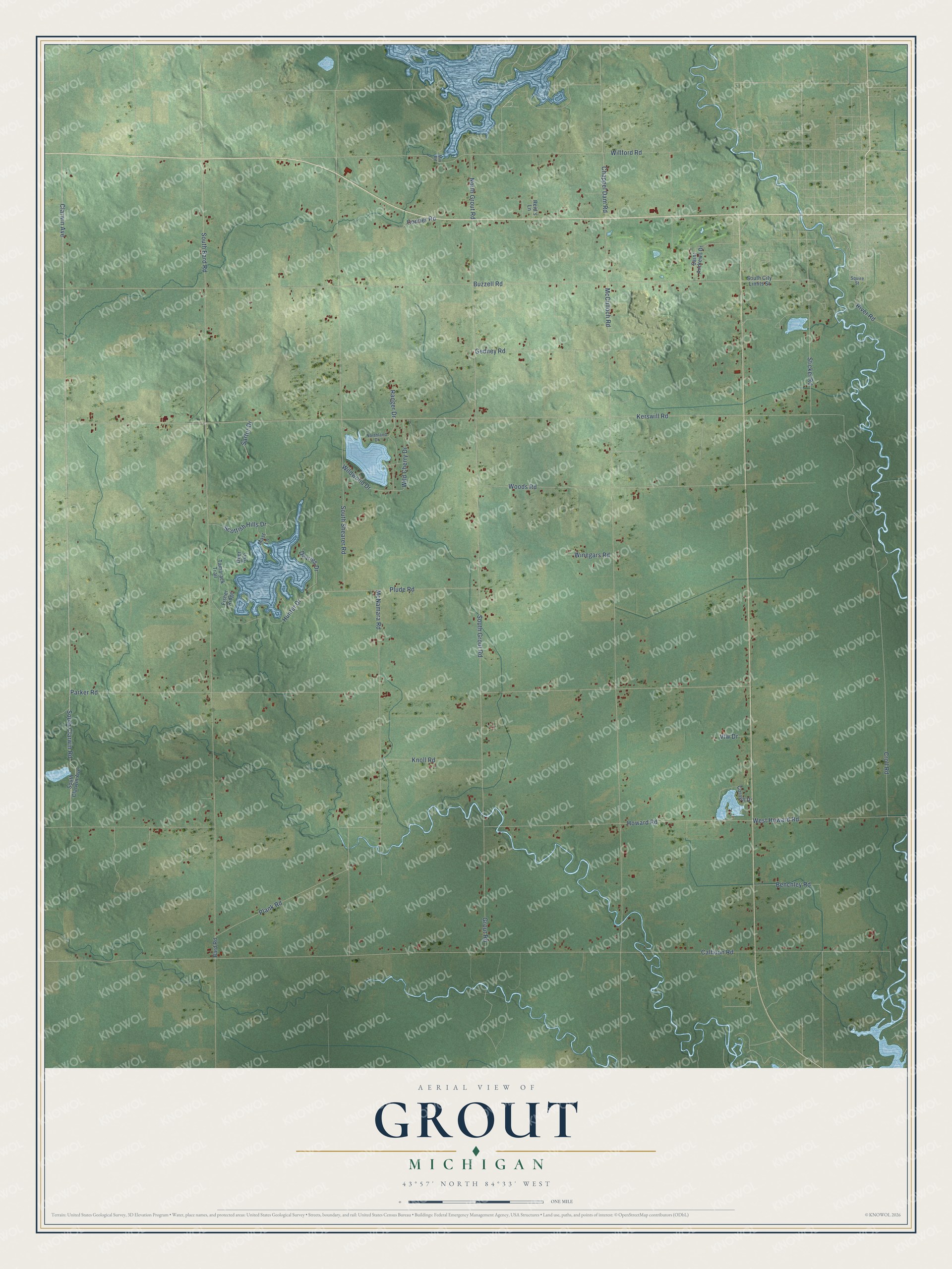 Full map of Grout, Michigan, with red buildings, printed street names and the land around them