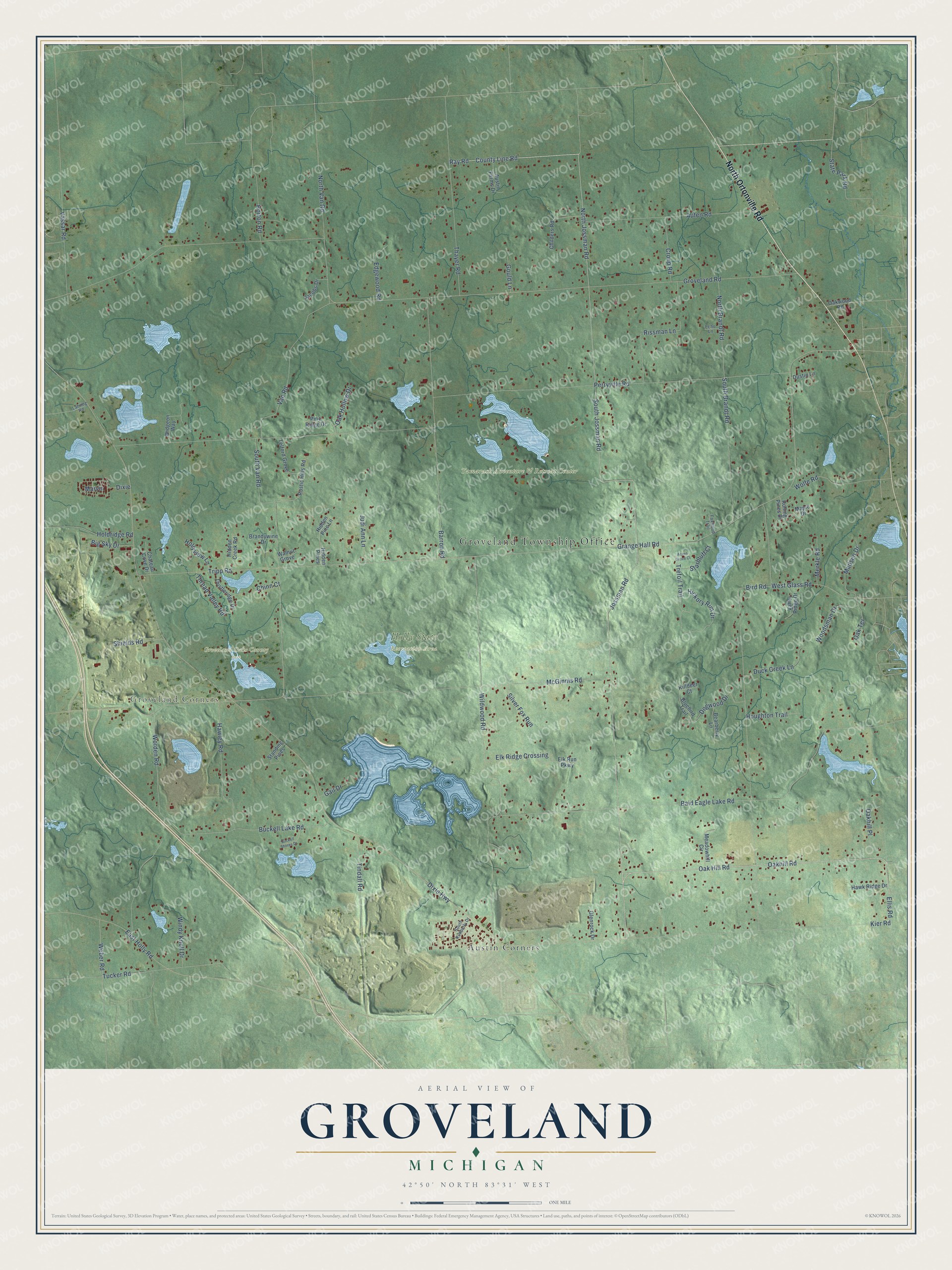 Full map of Groveland, Michigan, with red buildings, printed street names and the land around them