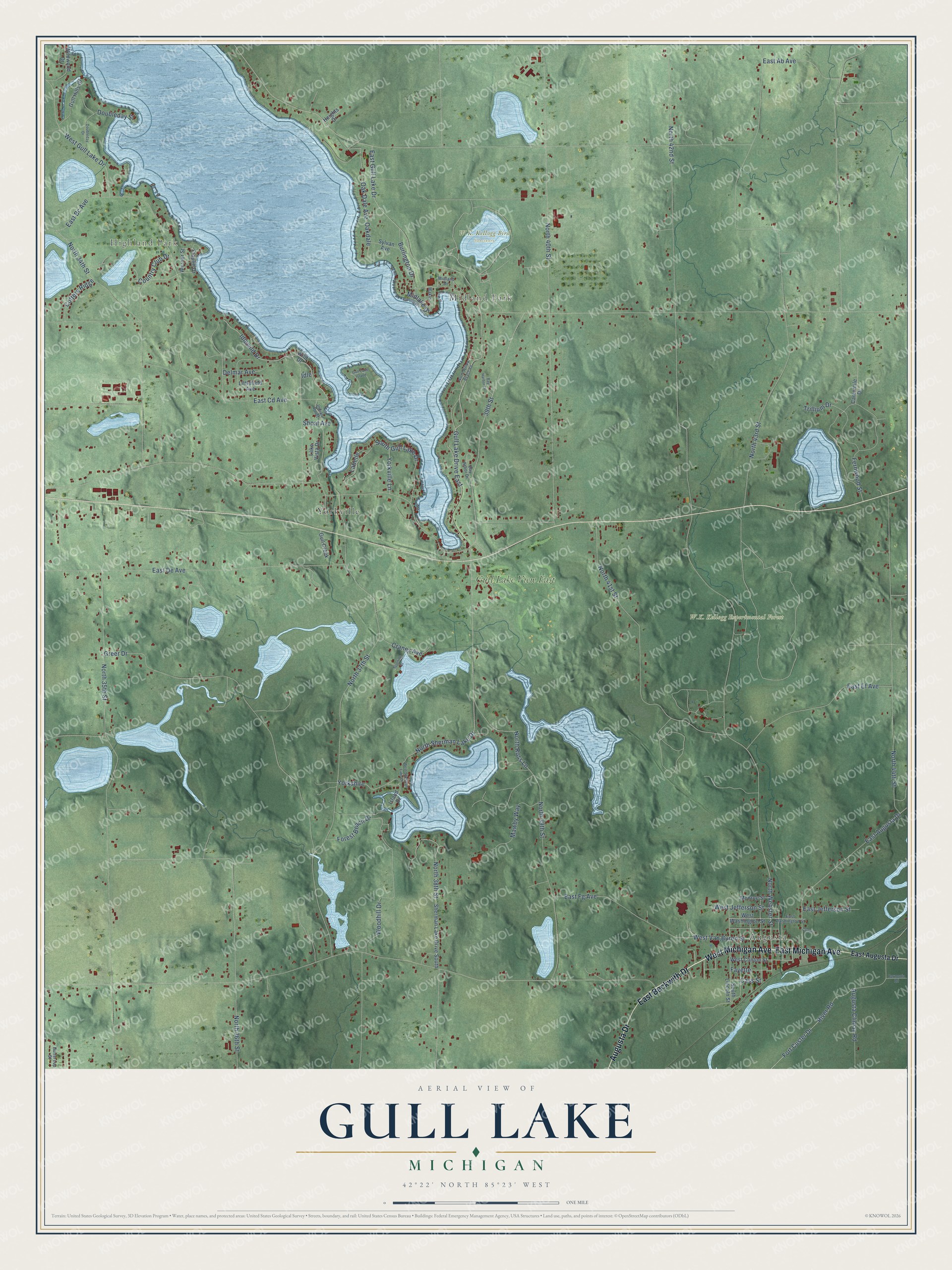 Full map of Gull Lake, Michigan, with red buildings, printed street names and the land around them