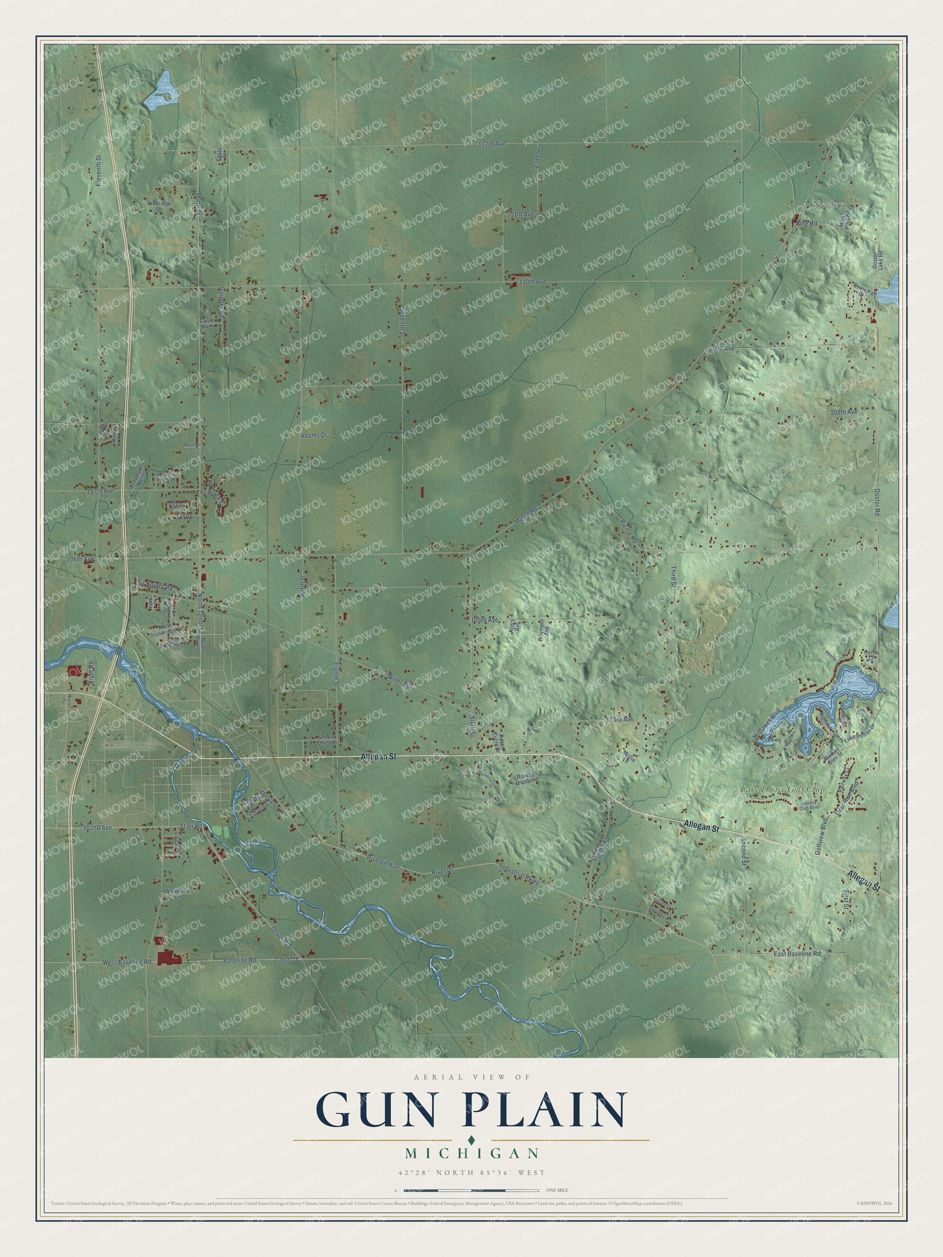 Full map of Gun Plain, Michigan, with red buildings, printed street names and the land around them