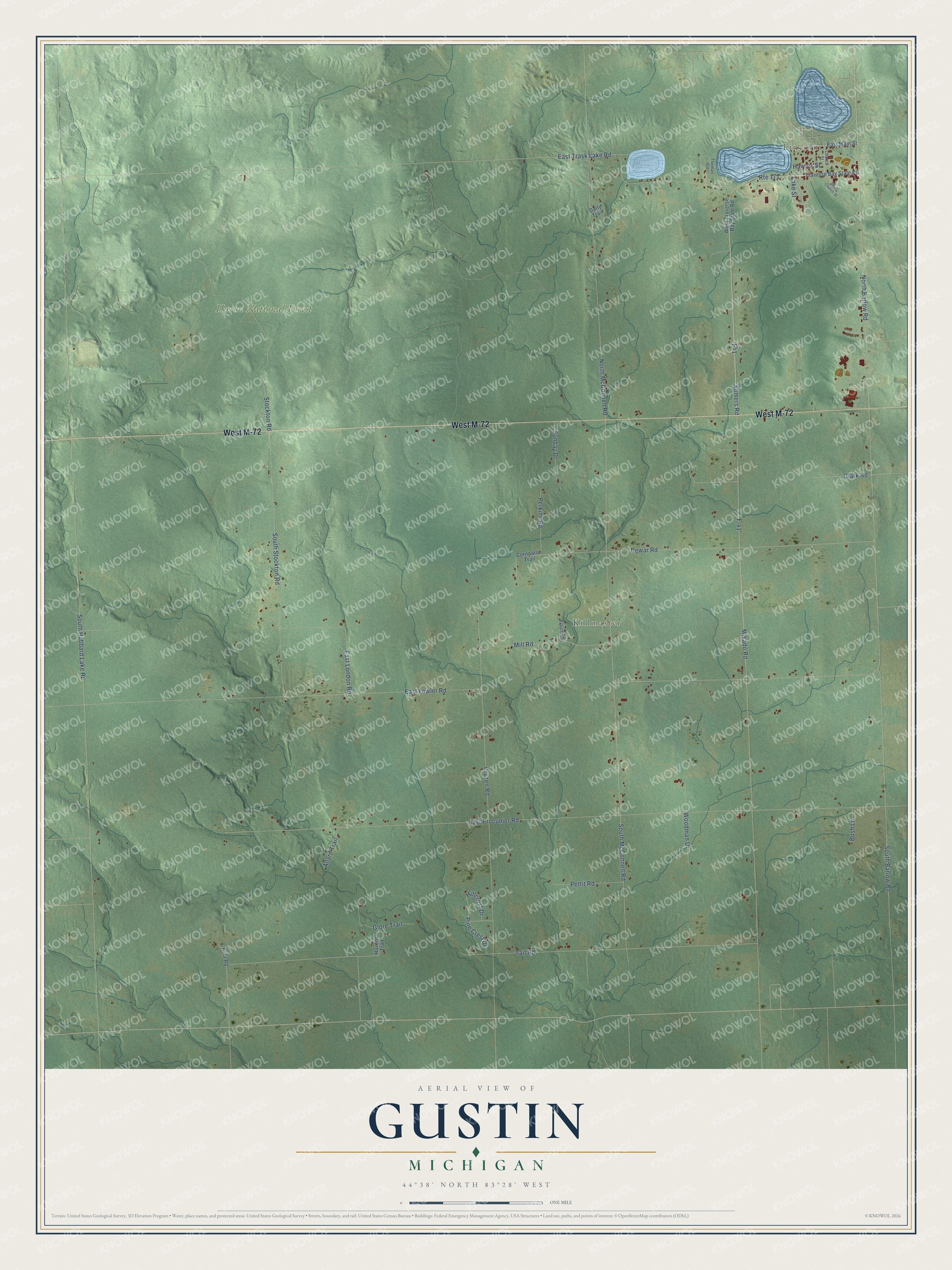 Full map of Gustin, Michigan, with red buildings, printed street names and the land around them