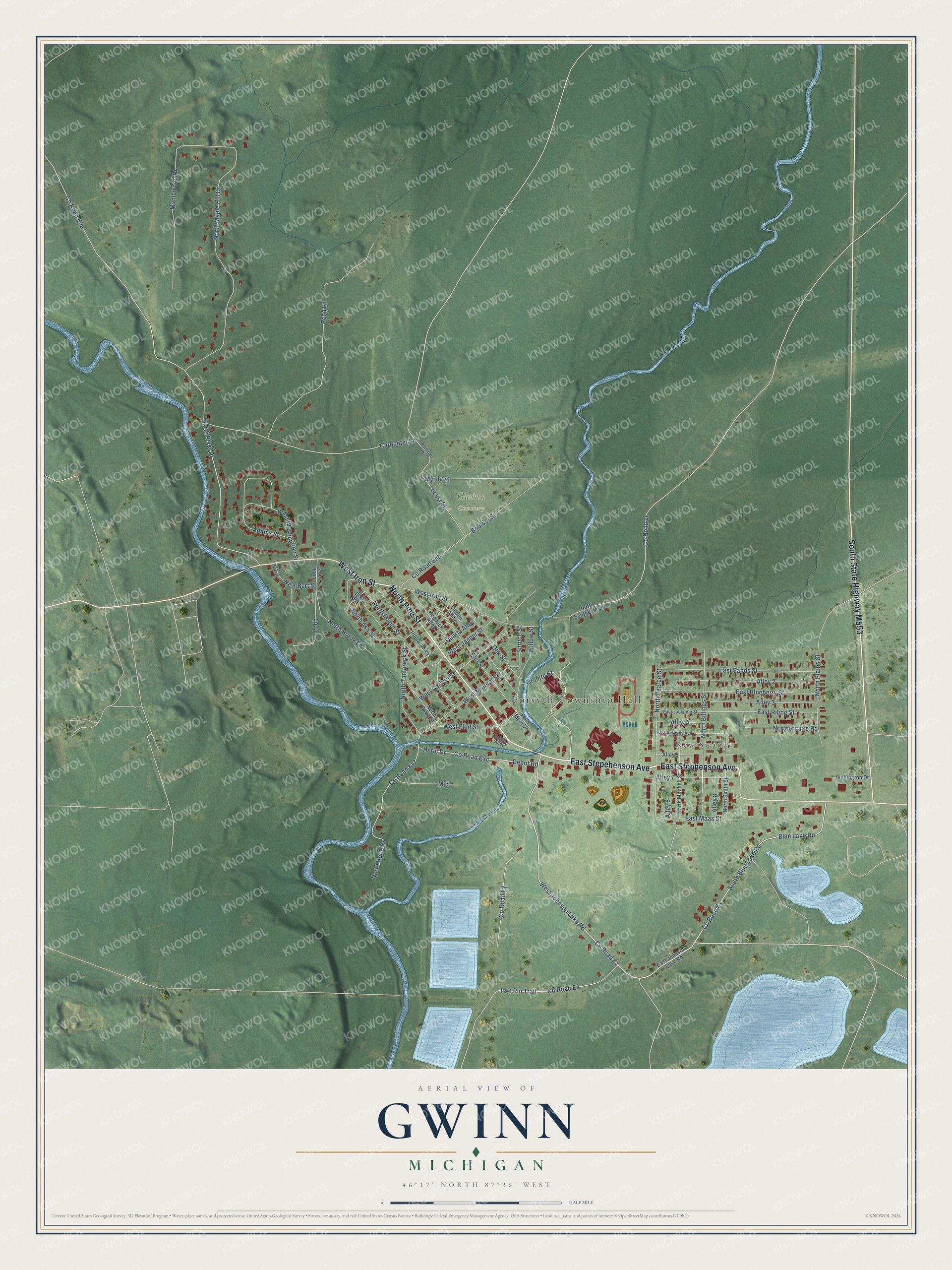 Full map of Gwinn, Michigan, with red buildings, printed street names and the land around them