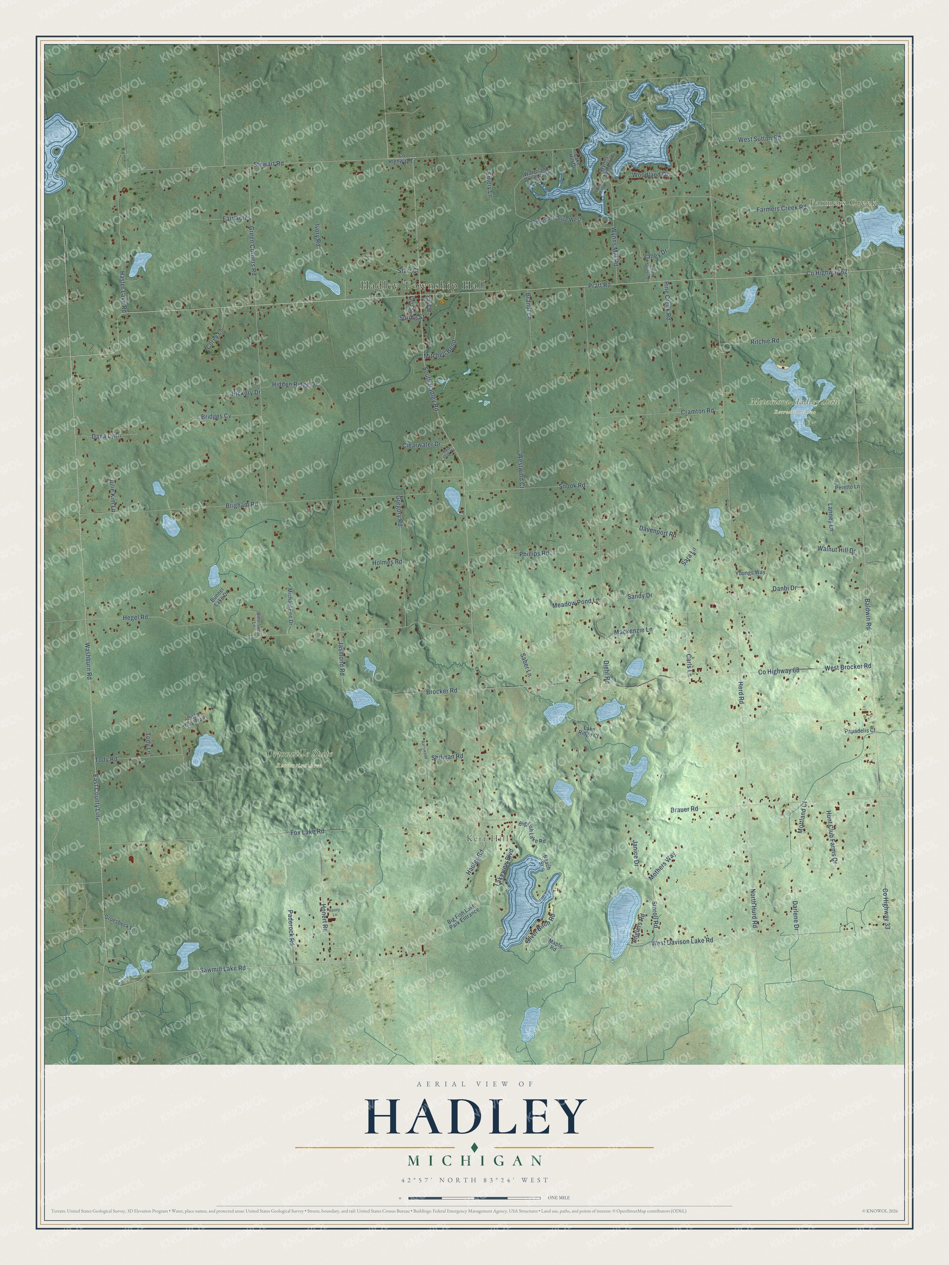 Full map of Hadley, Michigan, with red buildings, printed street names and the land around them