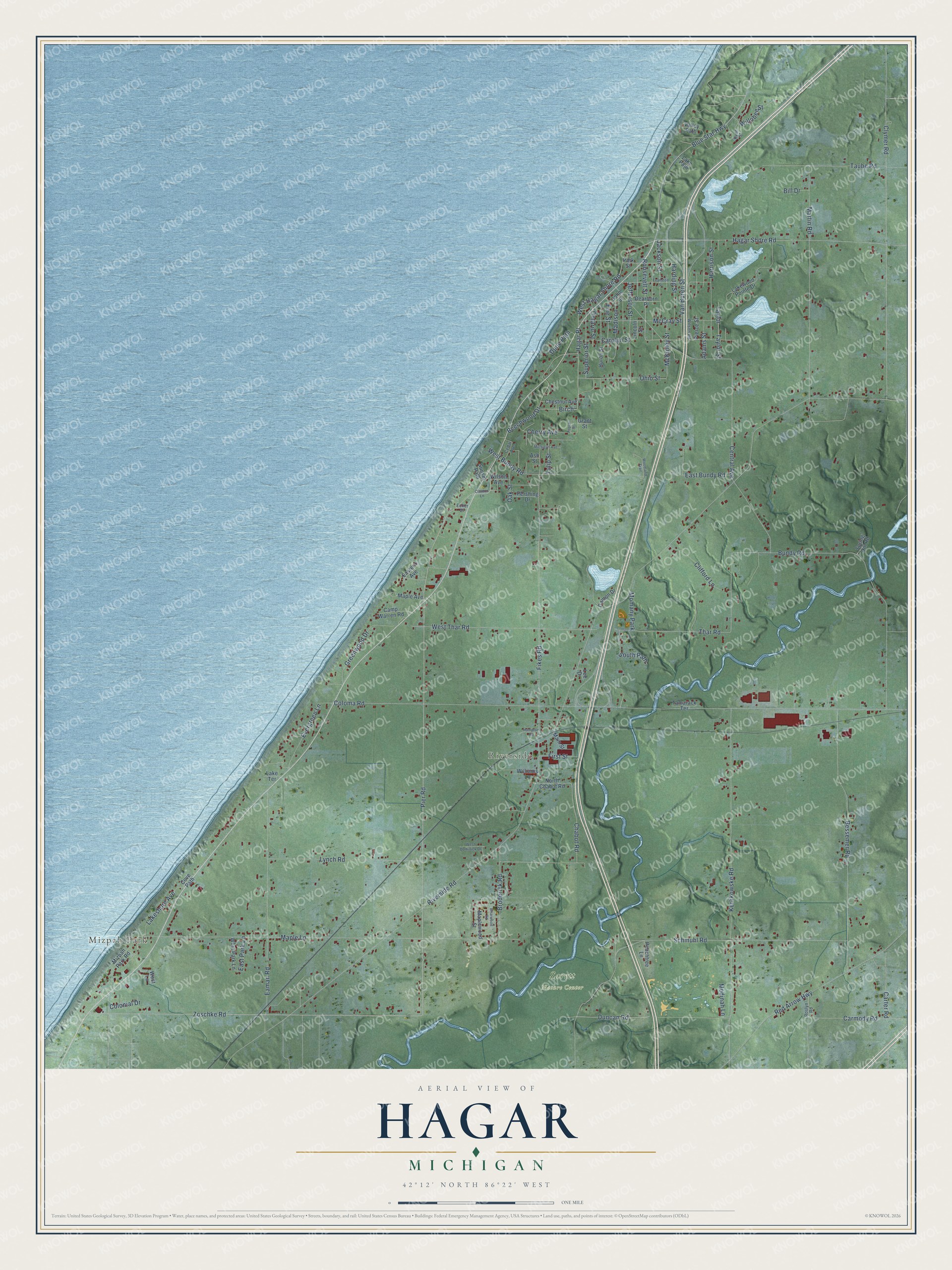Full map of Hagar, Michigan, with red buildings, printed street names and the land around them