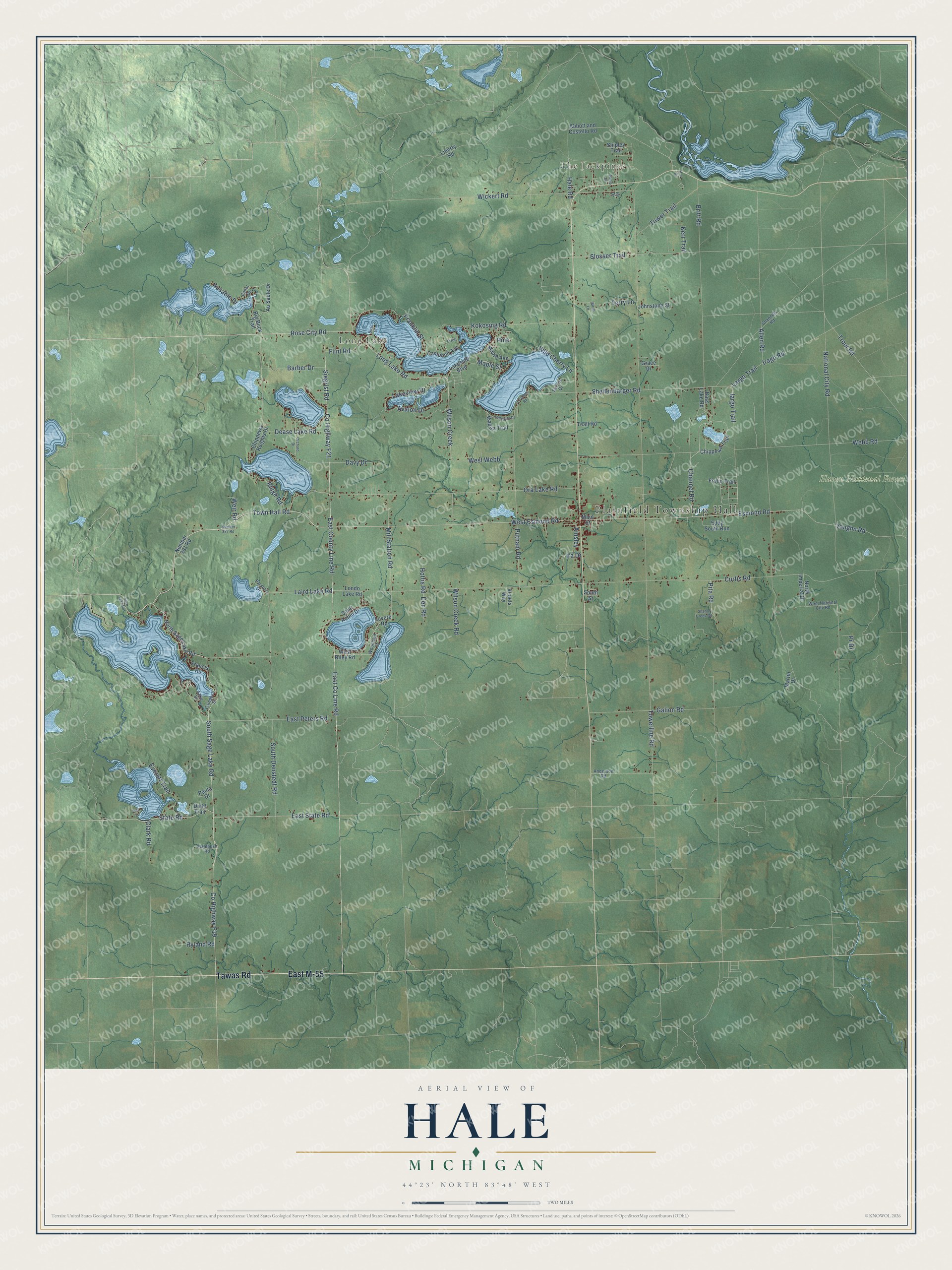 Full map of Hale, Michigan, with red buildings, printed street names and the land around them