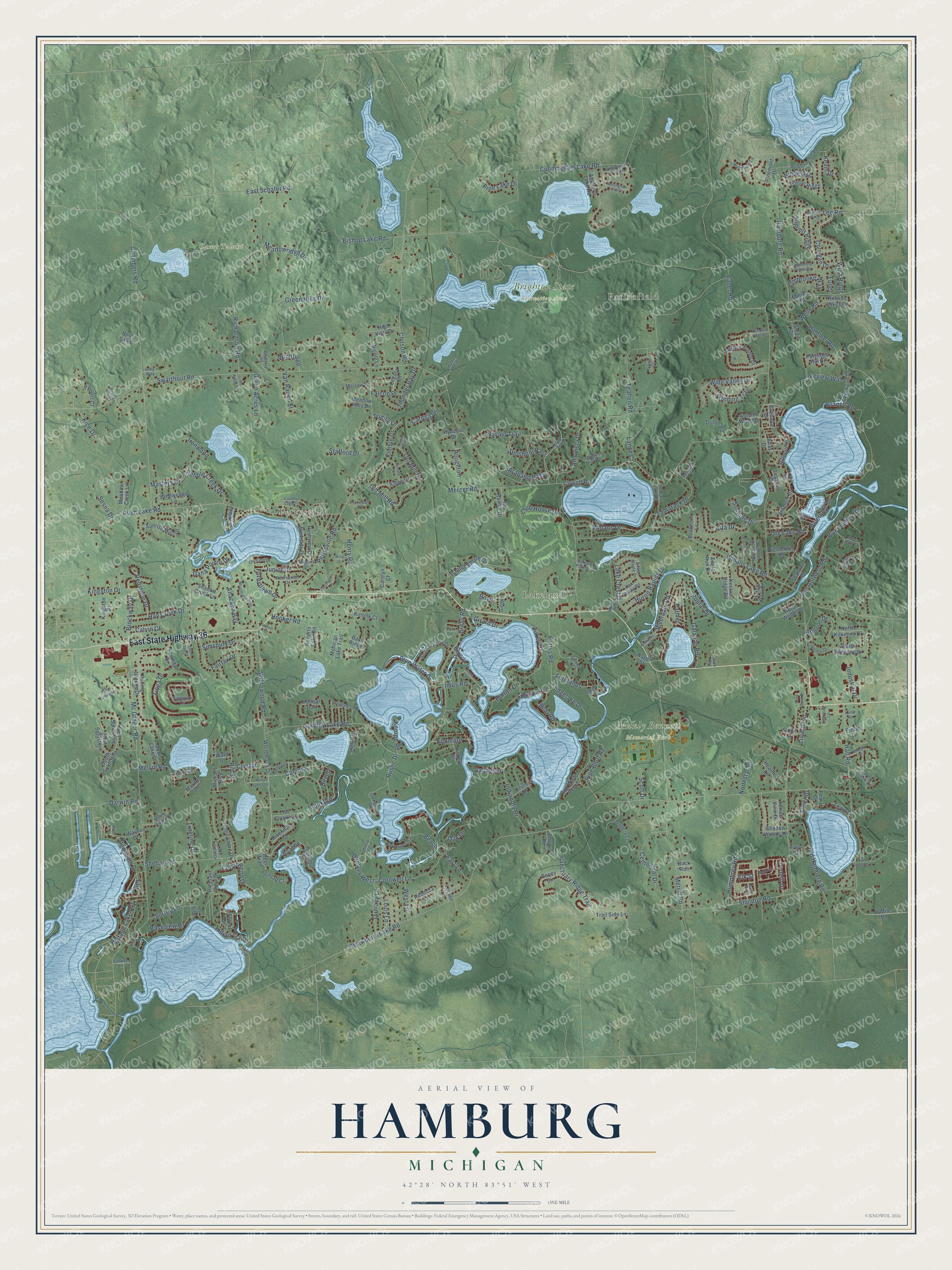 Full map of Hamburg, Michigan, with red buildings, printed street names and the land around them