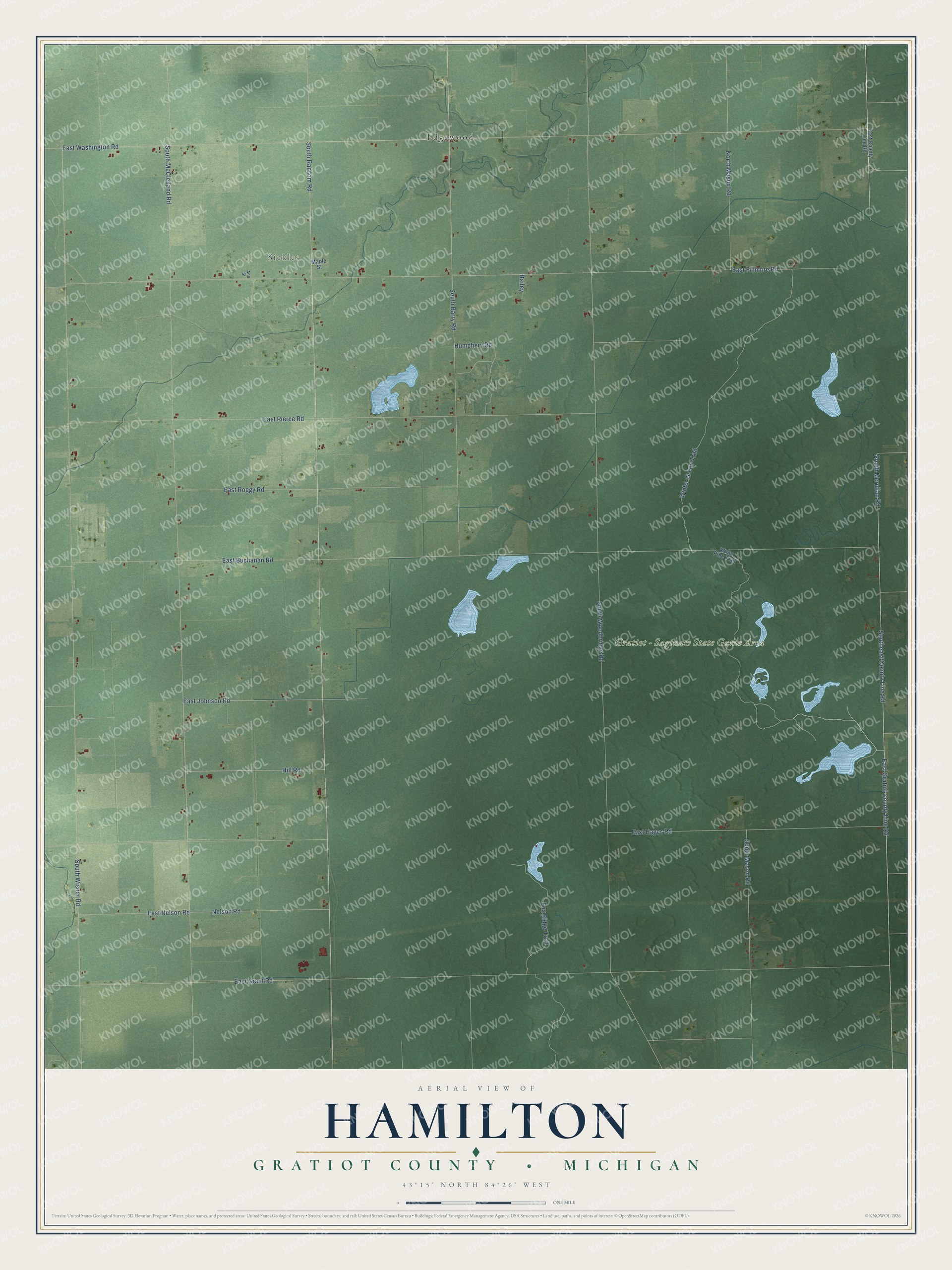 Full map of Hamilton, Michigan, with red buildings, printed street names and the land around them
