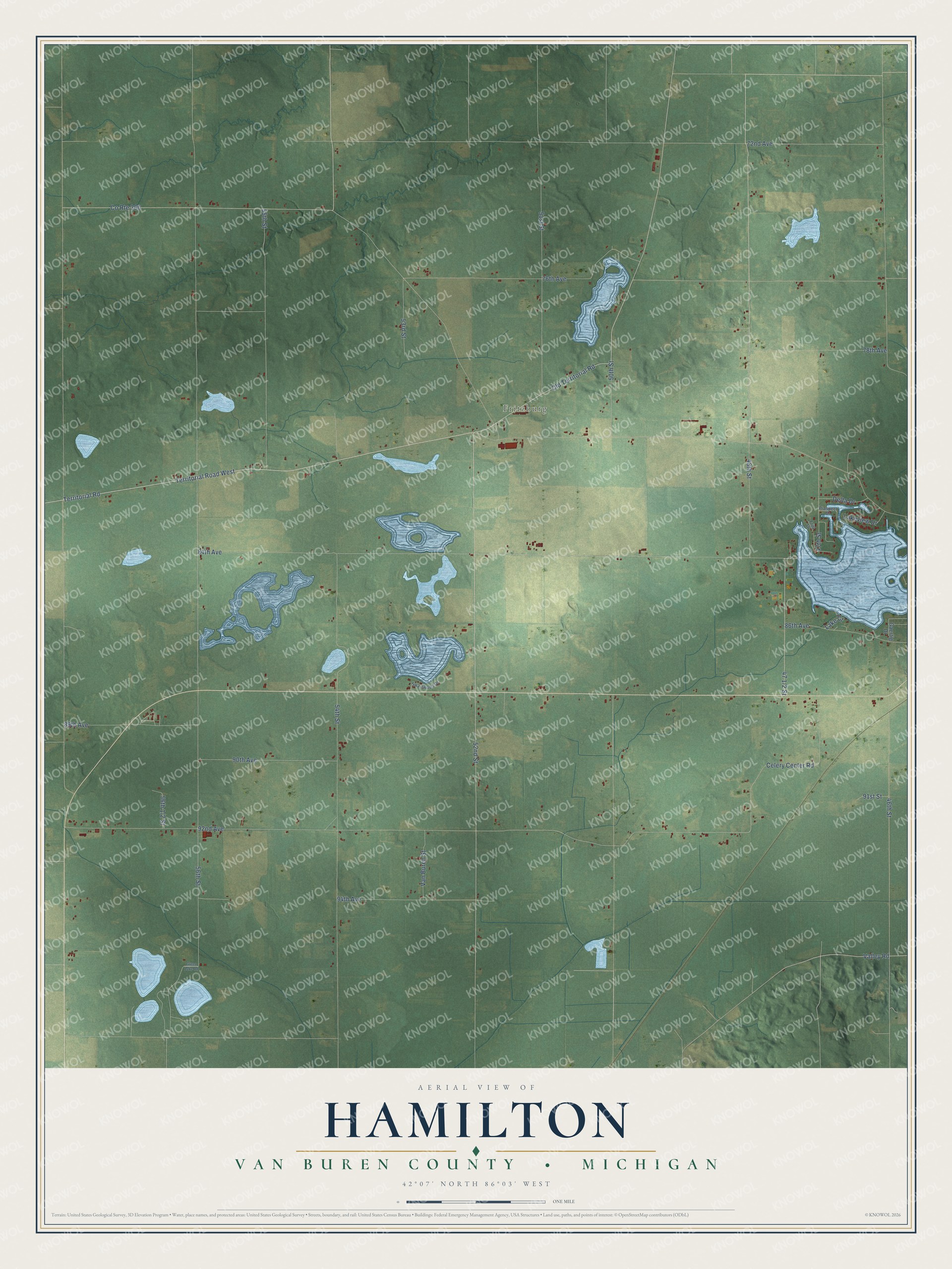 Full map of Hamilton, Michigan, with red buildings, printed street names and the land around them