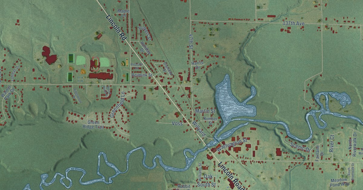Close-up of streets and buildings in Hamilton, Allegan County, Michigan