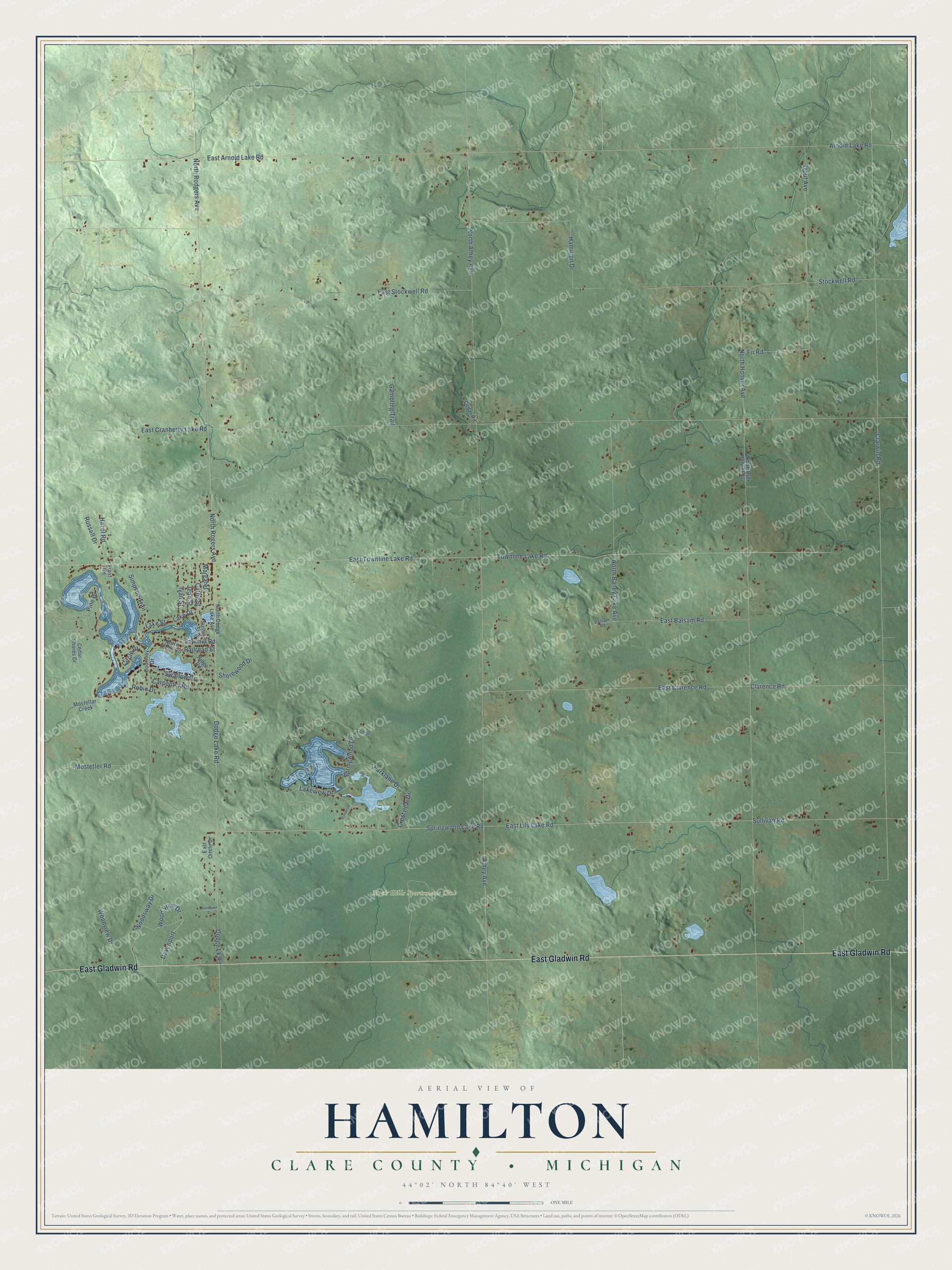 Full map of Hamilton, Michigan, with red buildings, printed street names and the land around them